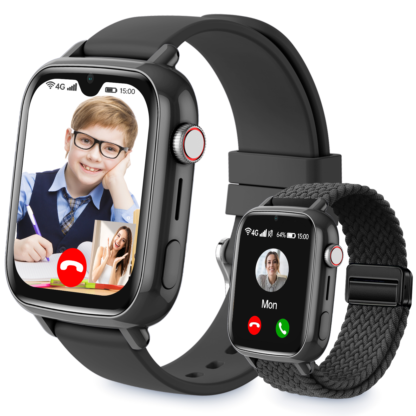 Zwei schwarze Smartwatches zeigen Videoanrufe. Einer zeigt einen Jungen, der andere eine Frau, beide mit Anruftasten.