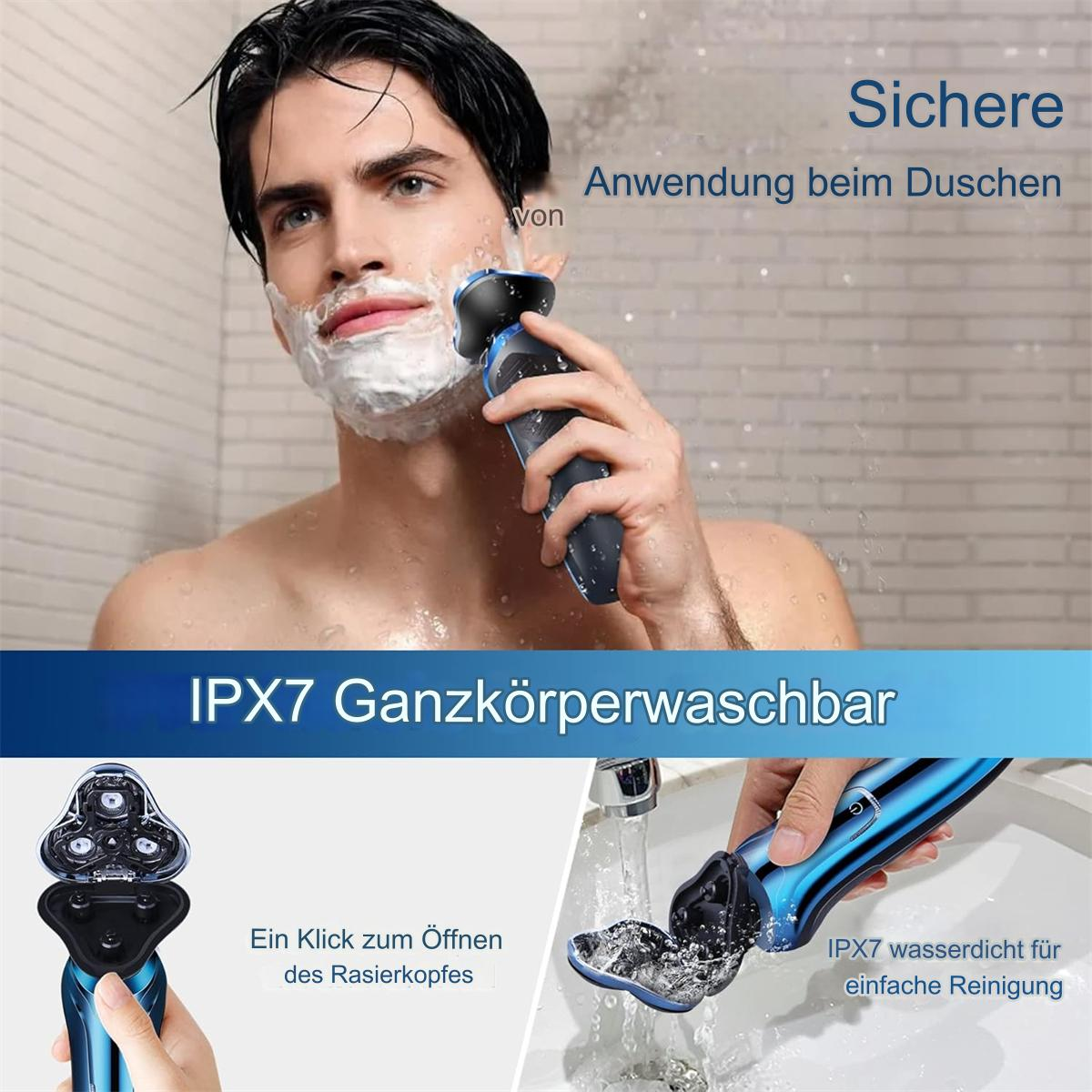 Ein Mann rasiert sein Gesicht mit einem blauen Elektrorasierer. Es gibt Nahaufnahmen des Rasierers und des Kopfes.