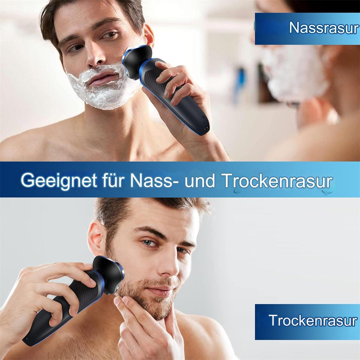Mann rasiert sich mit elektrischem Rasierer. Text für Nass- und Trockenrasur. Zweiter Mann rasiert trocken.