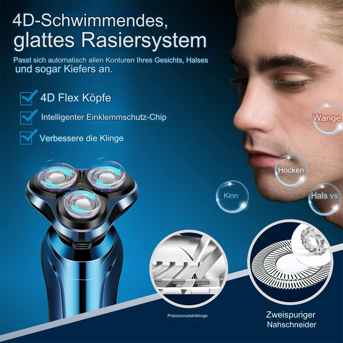 Bild zeigt ein Männergesicht und einen Rasierer. Text: 4D schwimmendes Rasursystem.