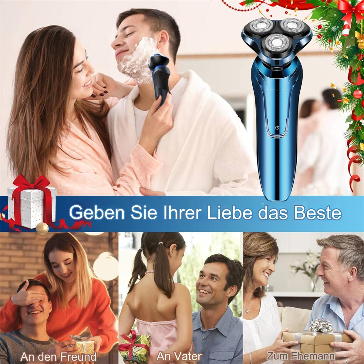 Mann rasiert sich. Geschenke werden für einen Freund, Vater und Ehemann gezeigt.