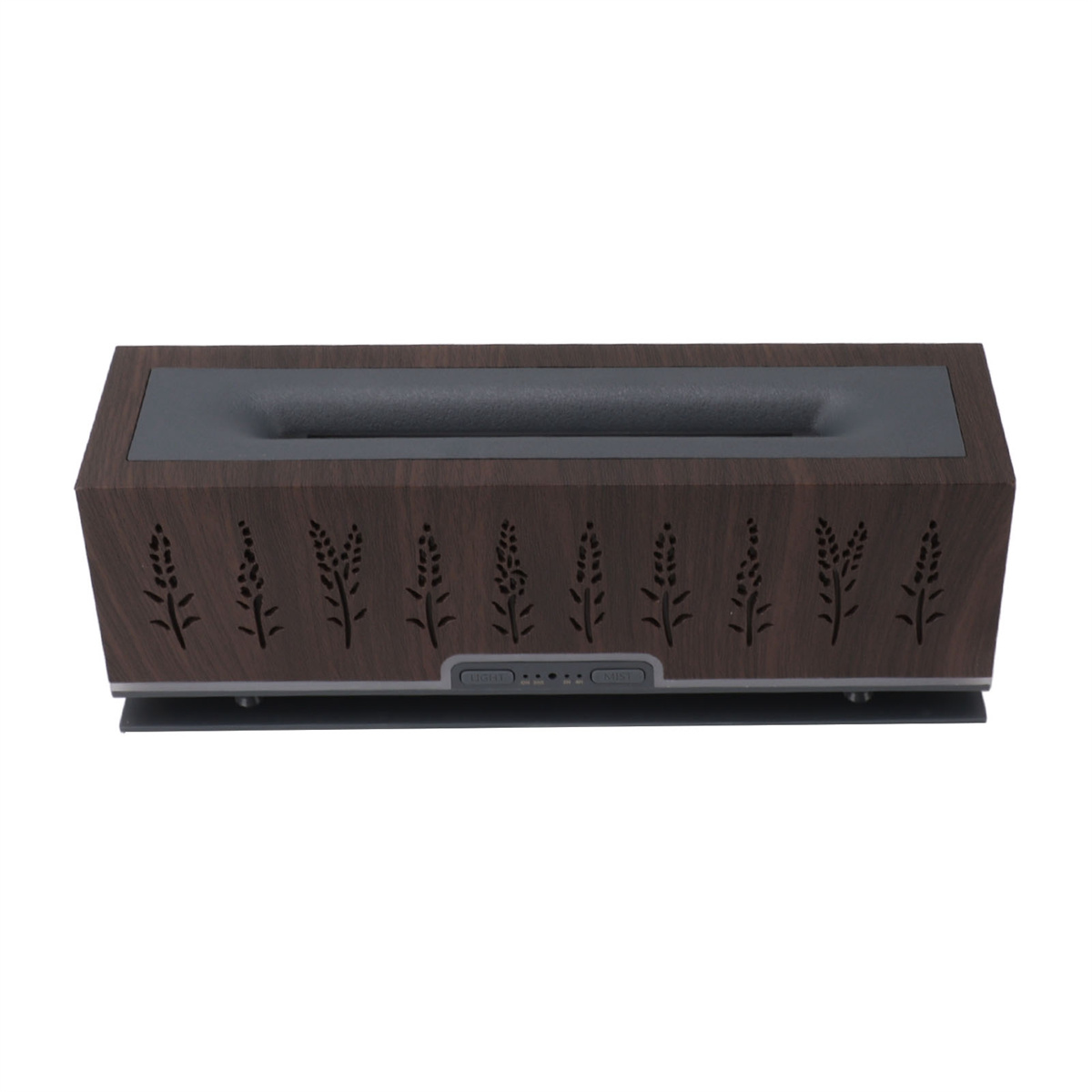 Aromatherapie-Diffusor aus Holz mit Blumenausschnitten und dunkelgrauem Deckel. Enthält Knöpfe.