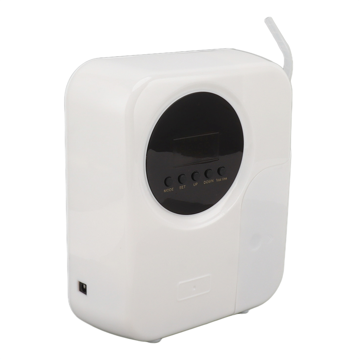 Weißes Gerät mit schwarzem Display und Knöpfen. Ein runder Bildschirm mit Knöpfen darunter.
