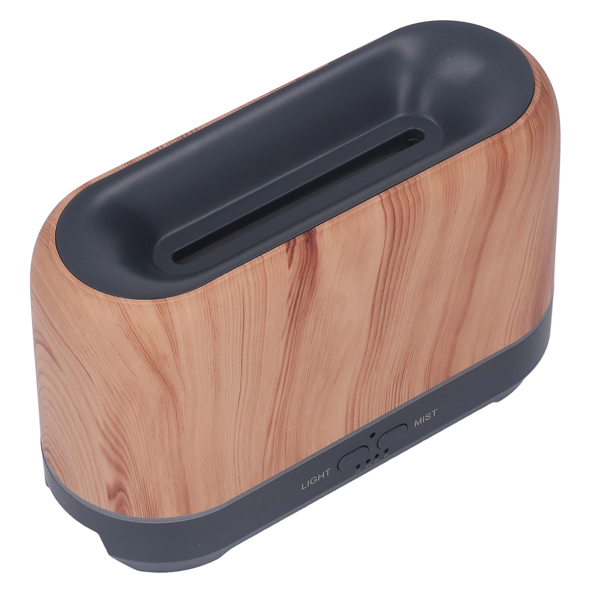 Holzmaserung-Diffusor für ätherische Öle mit grauem Oberteil und Knöpfen. Ovales Design.