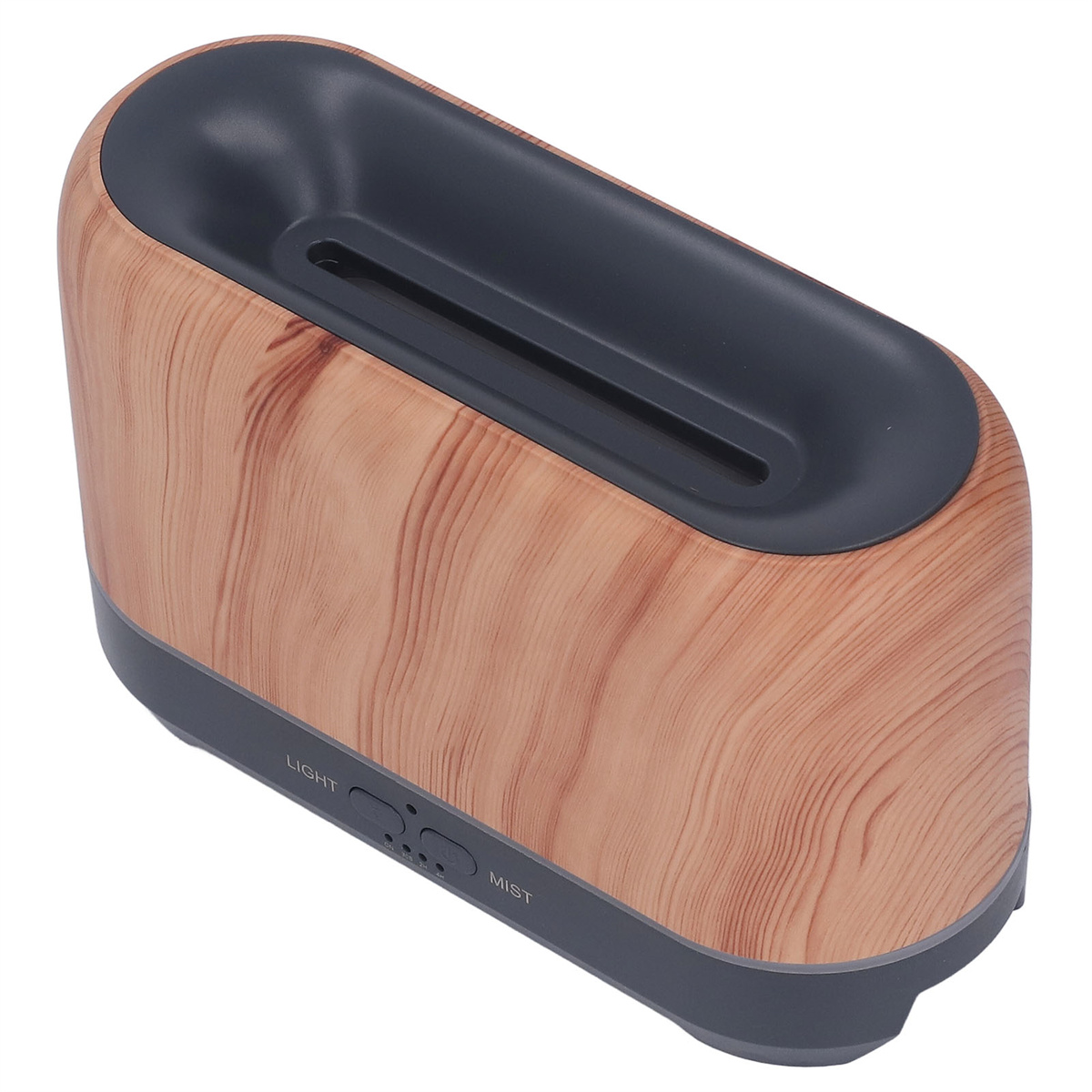 Aroma-Diffusor mit Holzstruktur, dunkelgrauer Oberseite und hellem Knopf.