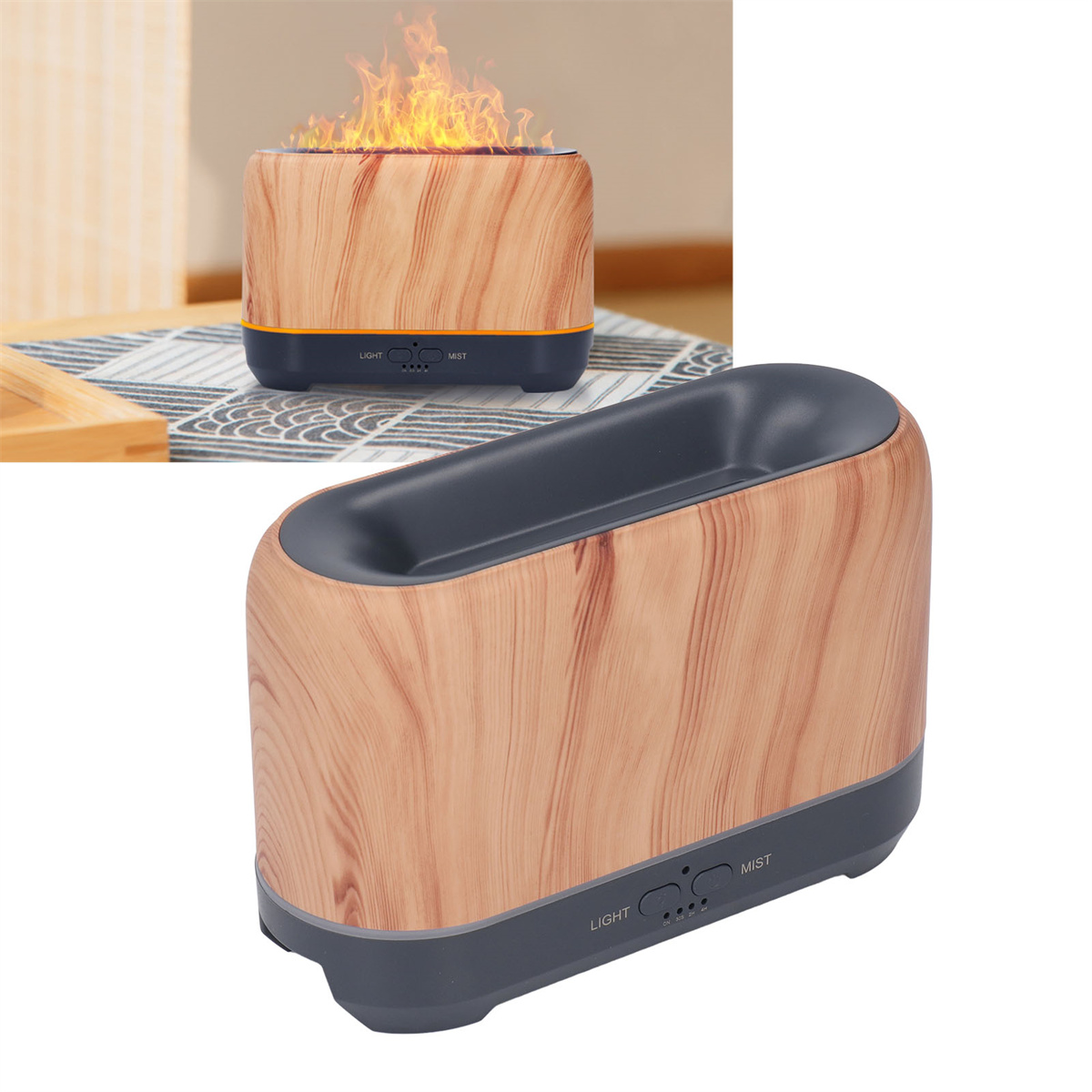 Aromadiffusor aus Holz mit Flammeneffekt. Das Gerät steht auf einer weißen Oberfläche.