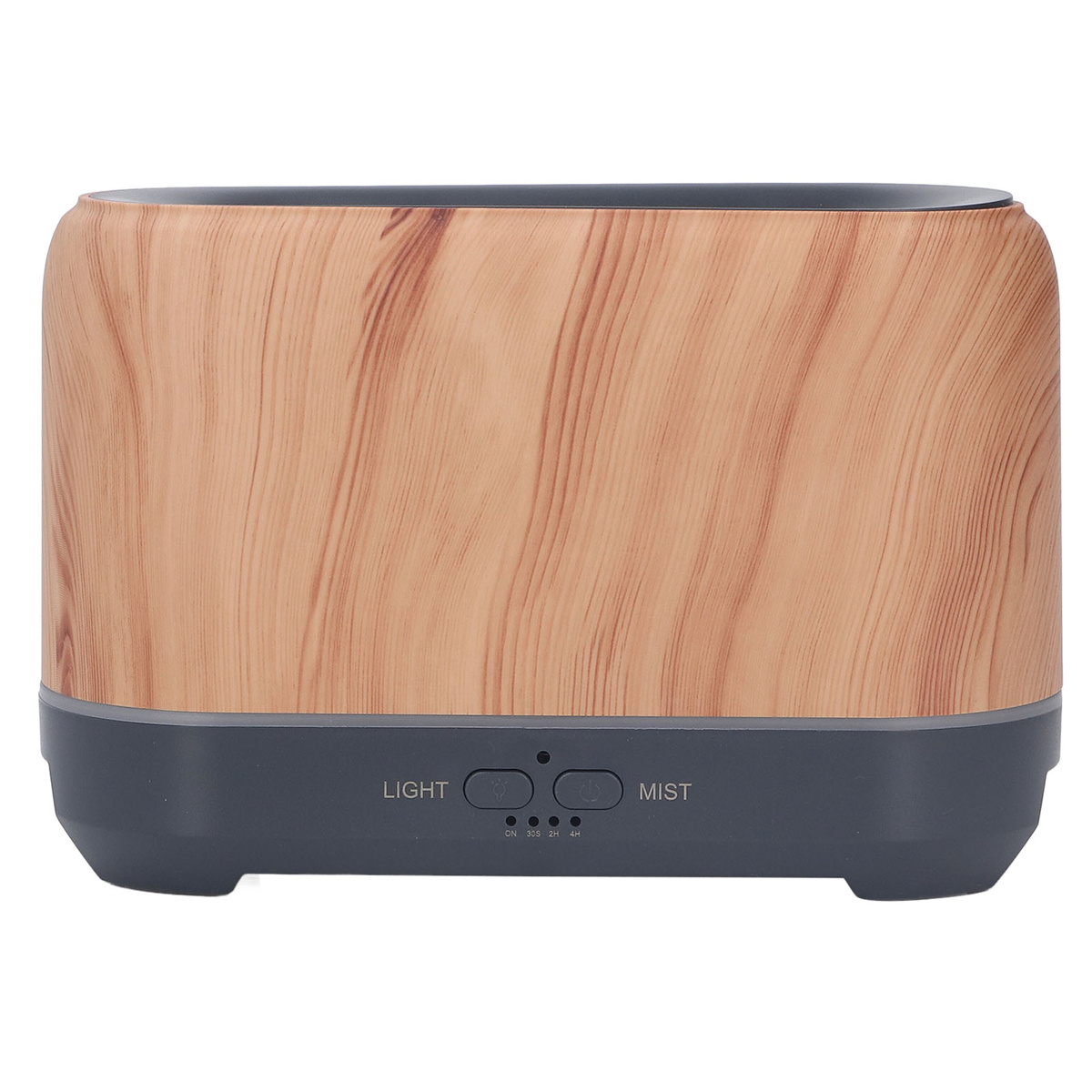 Diffusor mit Holzmaserung, Touch-Tasten für Licht und Nebel, graue Basis.