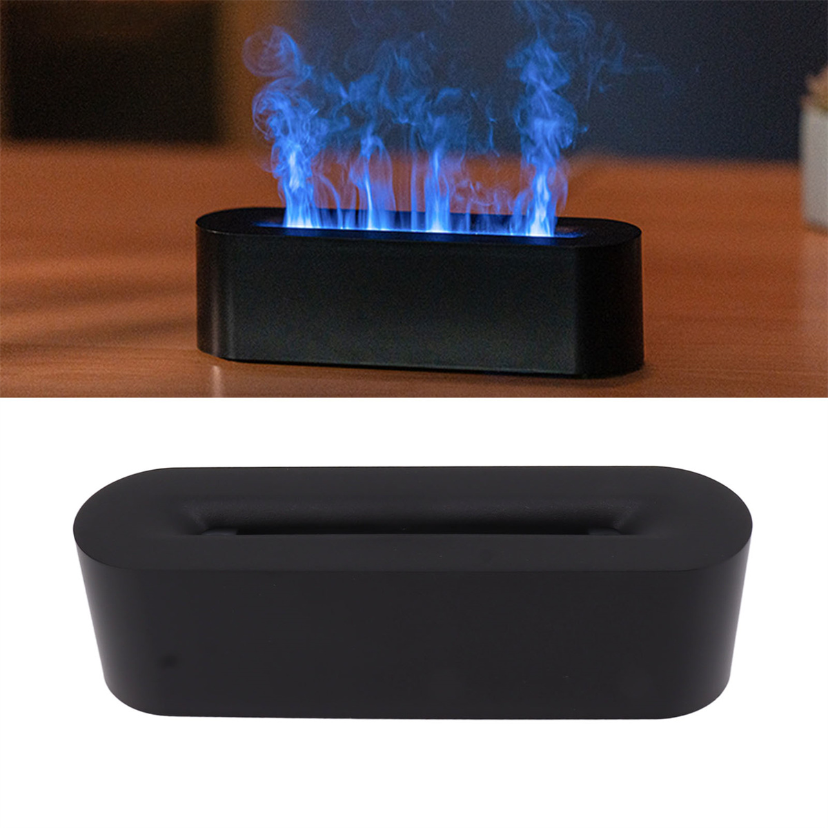 Schwarzes rechteckiges Gerät mit blauem Flammeneffekt. Darunter eine ähnliche Basis ohne Flamme.