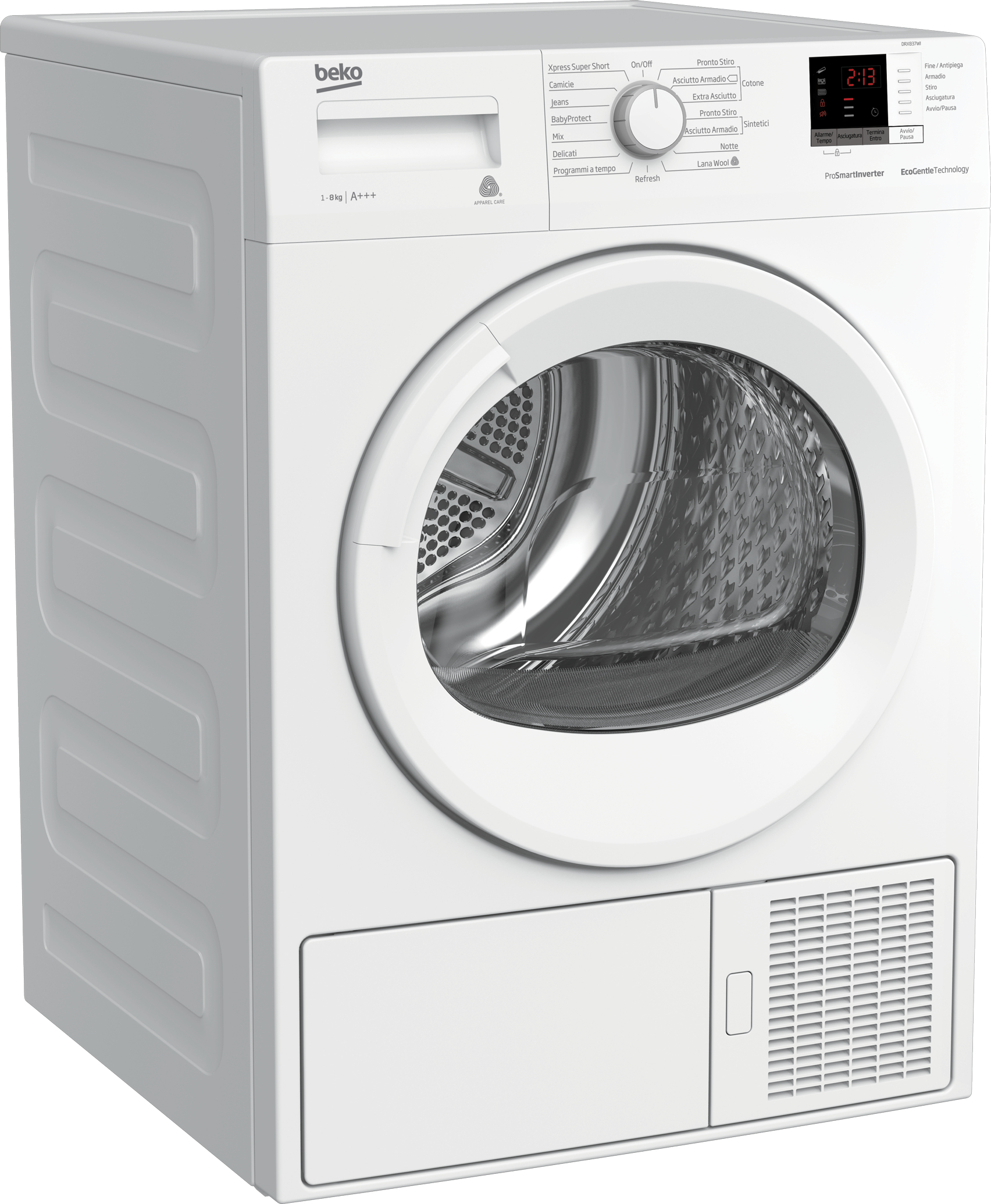 Un'asciugatrice Beko bianca con pannello di controllo, display digitale e porta a vetro.