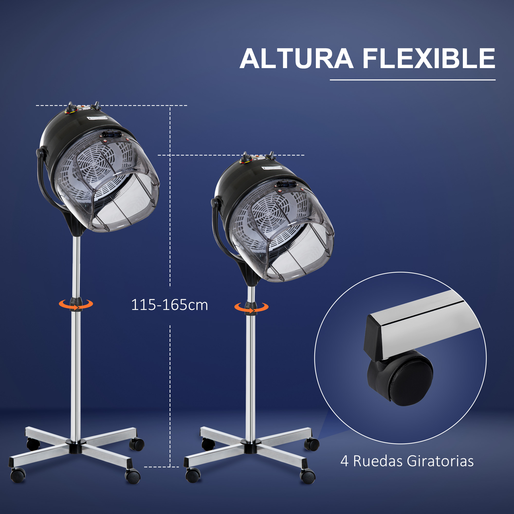 Dos secadores de pelo negros con altura ajustable y ruedas. Texto: ALTURA FLEXIBLE y 4 Ruedas Giratorias.