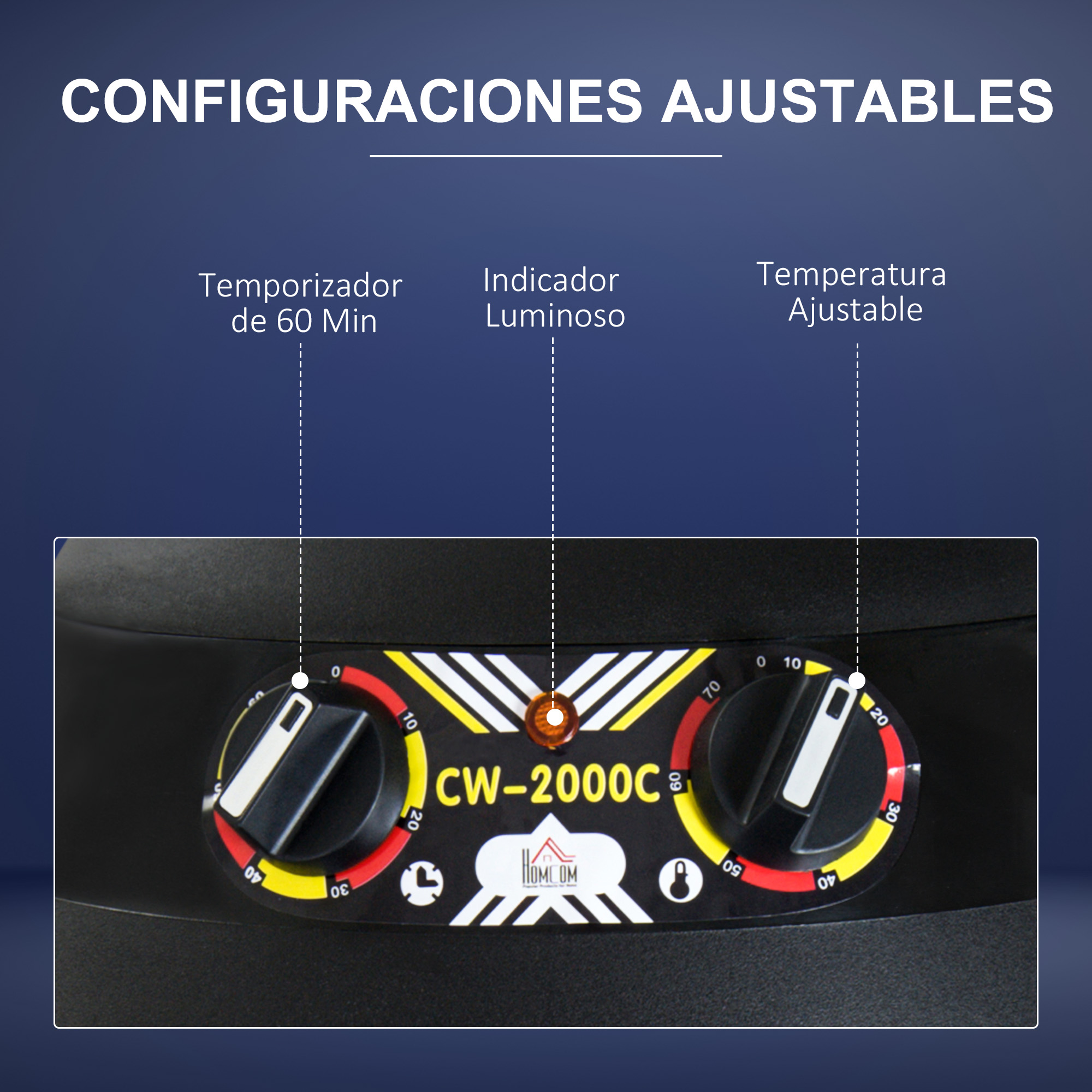 Primer plano de un panel de control con diales e indicadores, con texto en español.