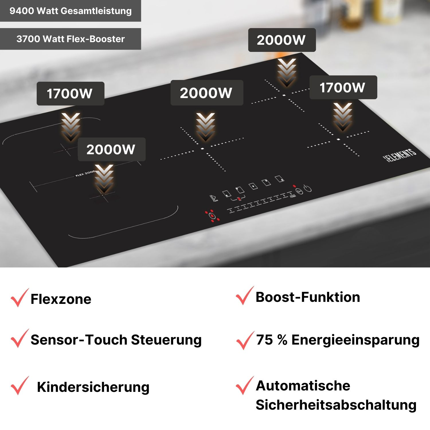Schwarzes Induktionskochfeld mit Leistungsanzeigen. Zu den Merkmalen gehören Flexzone, Boost-Funktion und Sicherheitsmerkmale.