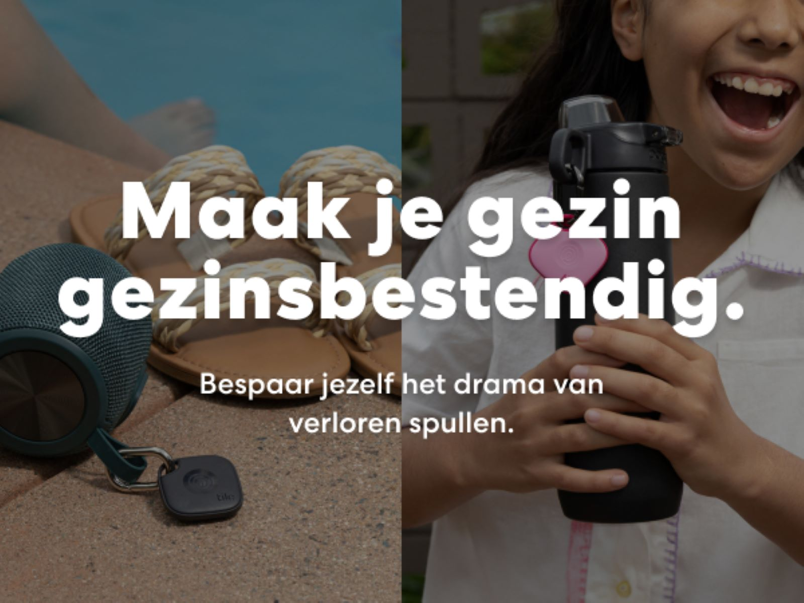 Une publicité avec du texte, un haut-parleur, des sandales et une bouteille d'eau.