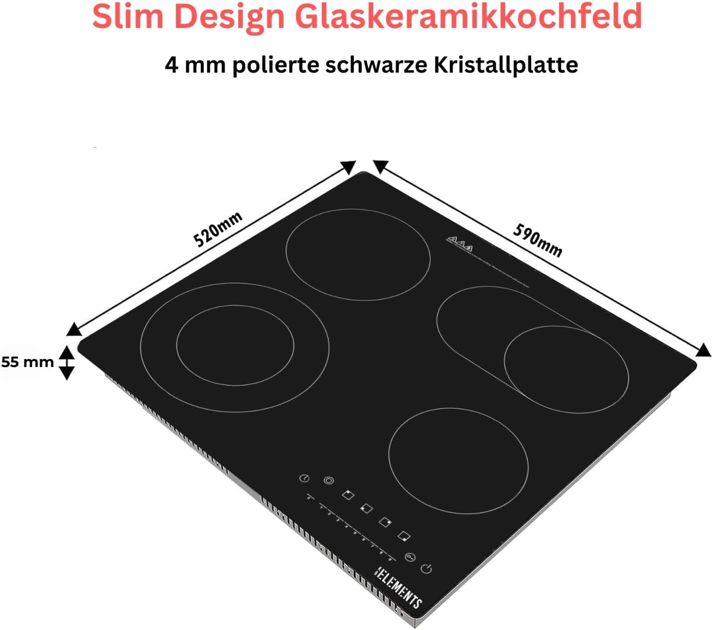 Schwarzes Glaskeramikkochfeld mit vier kreisförmigen Kochzonen. Abmessungen sichtbar.