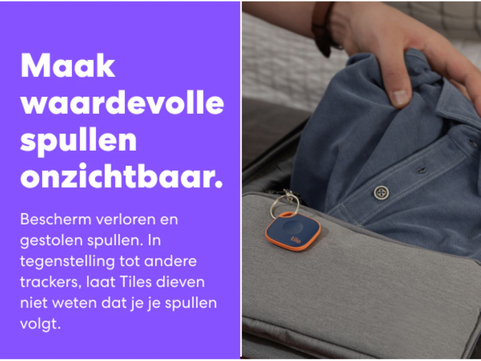 Texte sur fond violet : Rendez les objets de valeur invisibles. Protégez les objets perdus. Tile dans une valise.