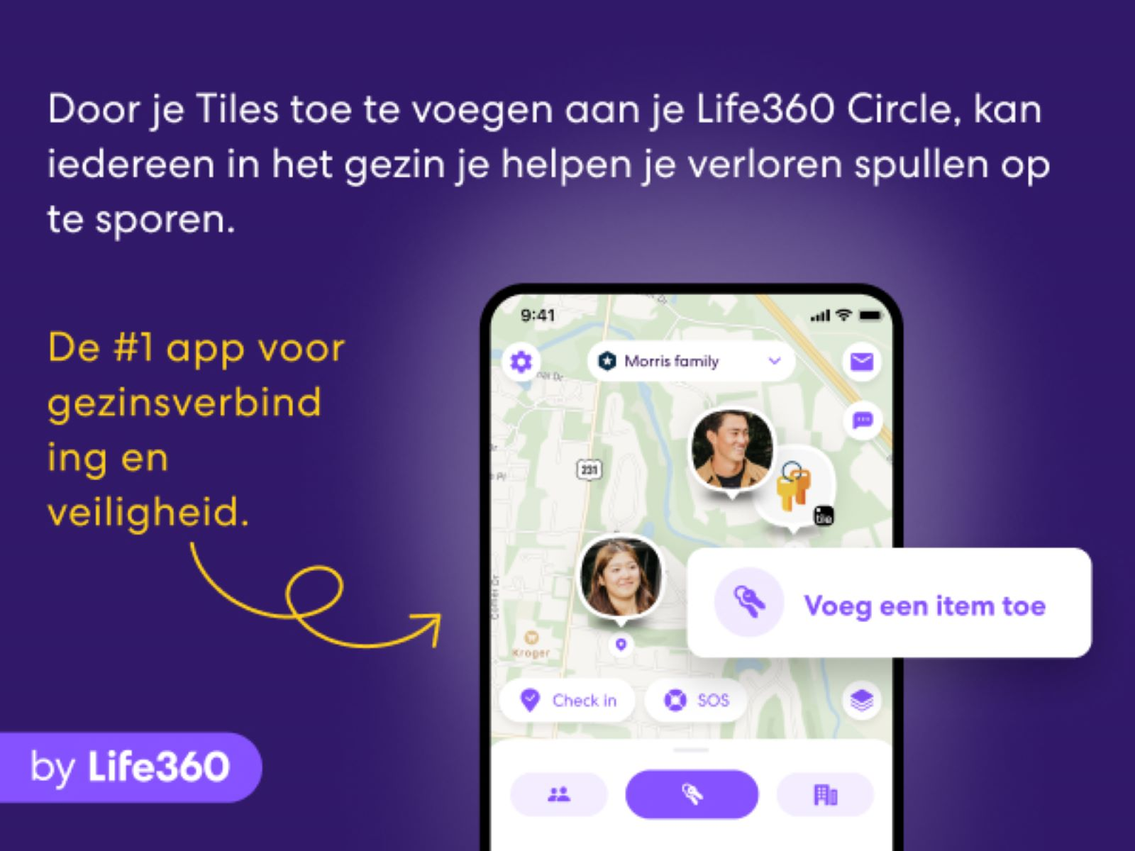 Un téléphone affiche une carte avec les photos de deux personnes et un bouton 'ajouter un élément'. Texte : Appli #1.