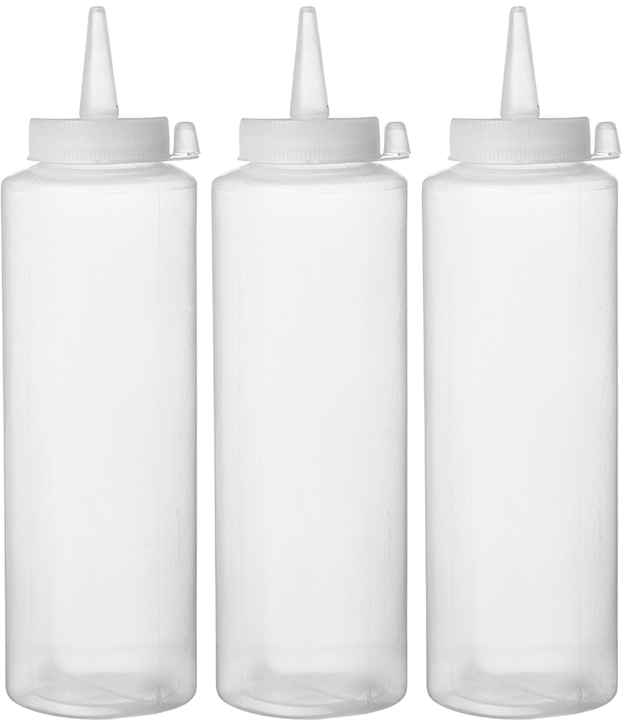 Tre flaconi in plastica trasparente con tappi bianchi e beccucci a punta. Sfondo bianco.