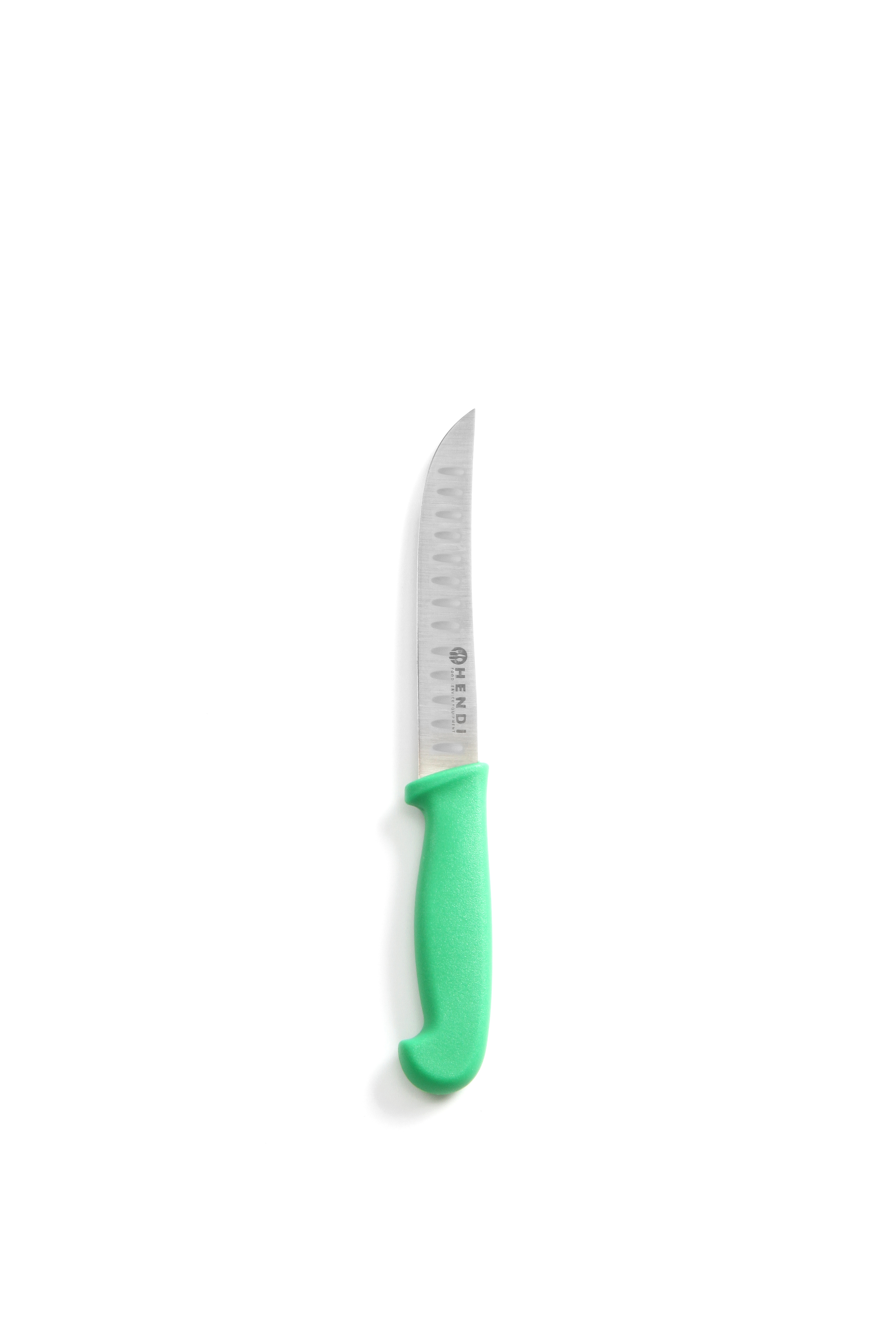 Ein Knochenmesser mit grünem Griff und gebogener Klinge. Der Hintergrund ist weiß.