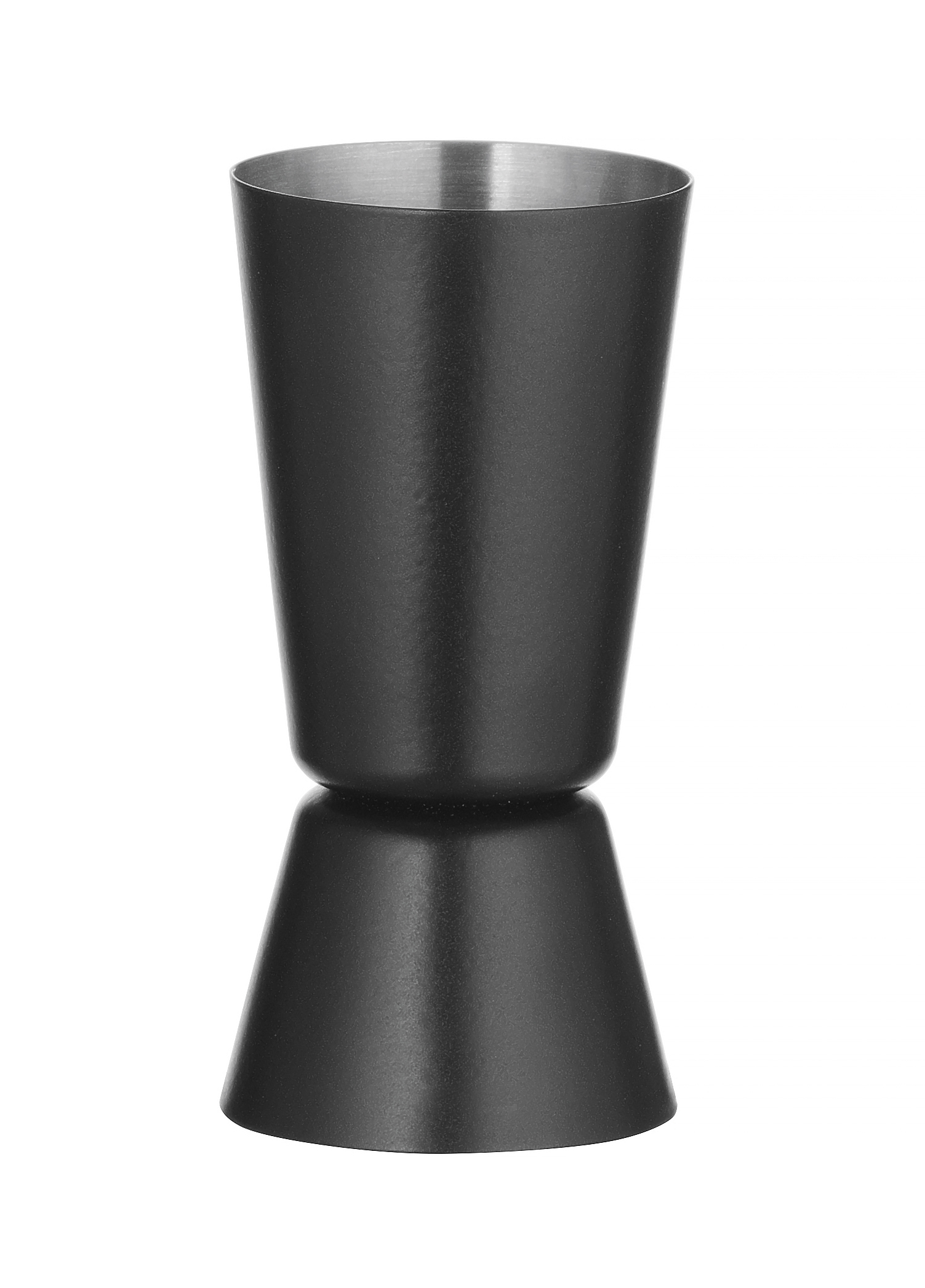 Un jigger nero a doppia faccia, uno strumento da bar utilizzato per misurare gli ingredienti liquidi.