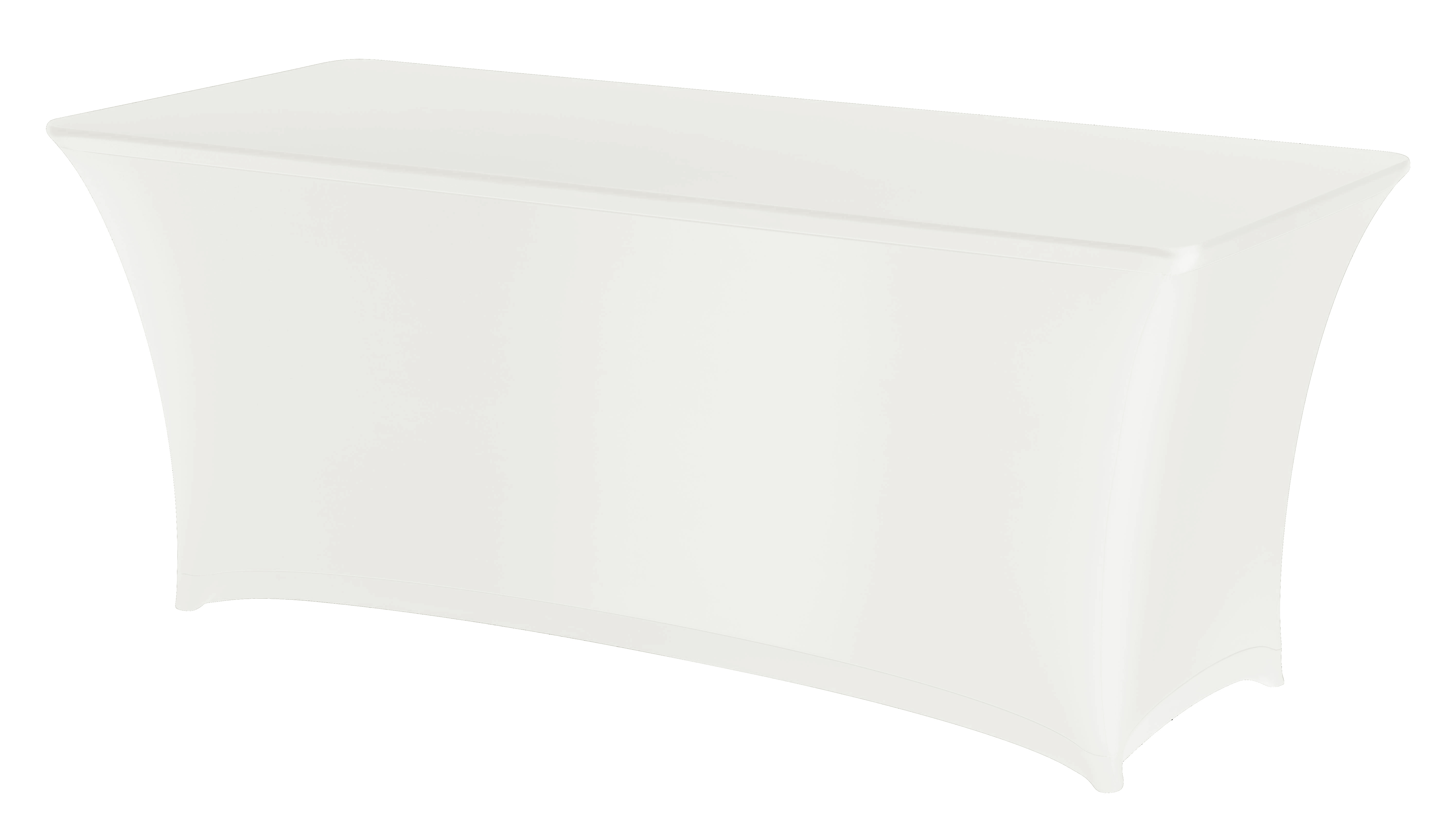 Copritavolo bianco elasticizzato su tavolo rettangolare. Sfondo bianco.