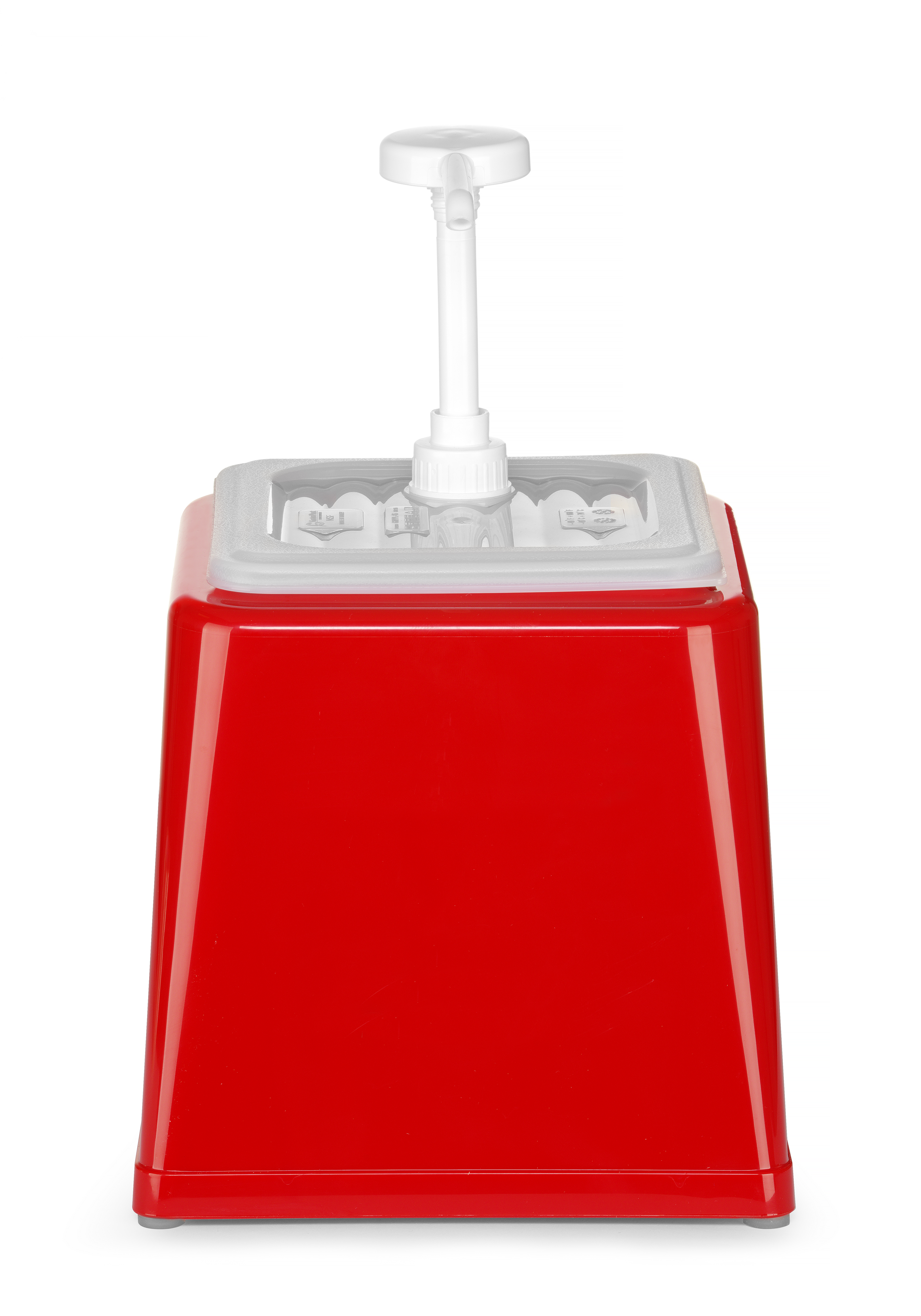 Un dispenser rosso con pompa e coperchio bianchi, posto su una superficie bianca.