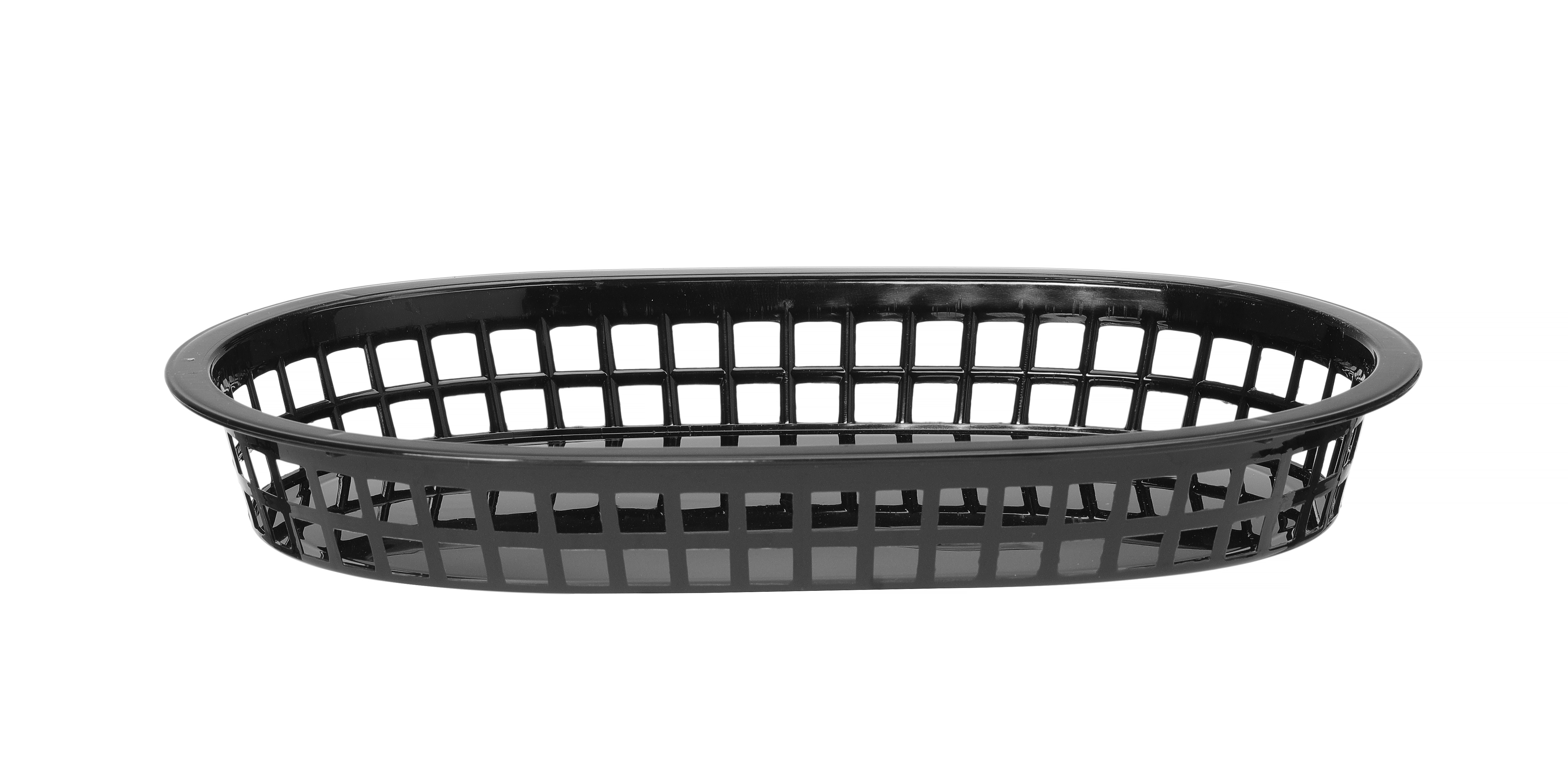 Un cestino ovale in plastica nera. Il cestino ha un motivo a griglia e un bordo.