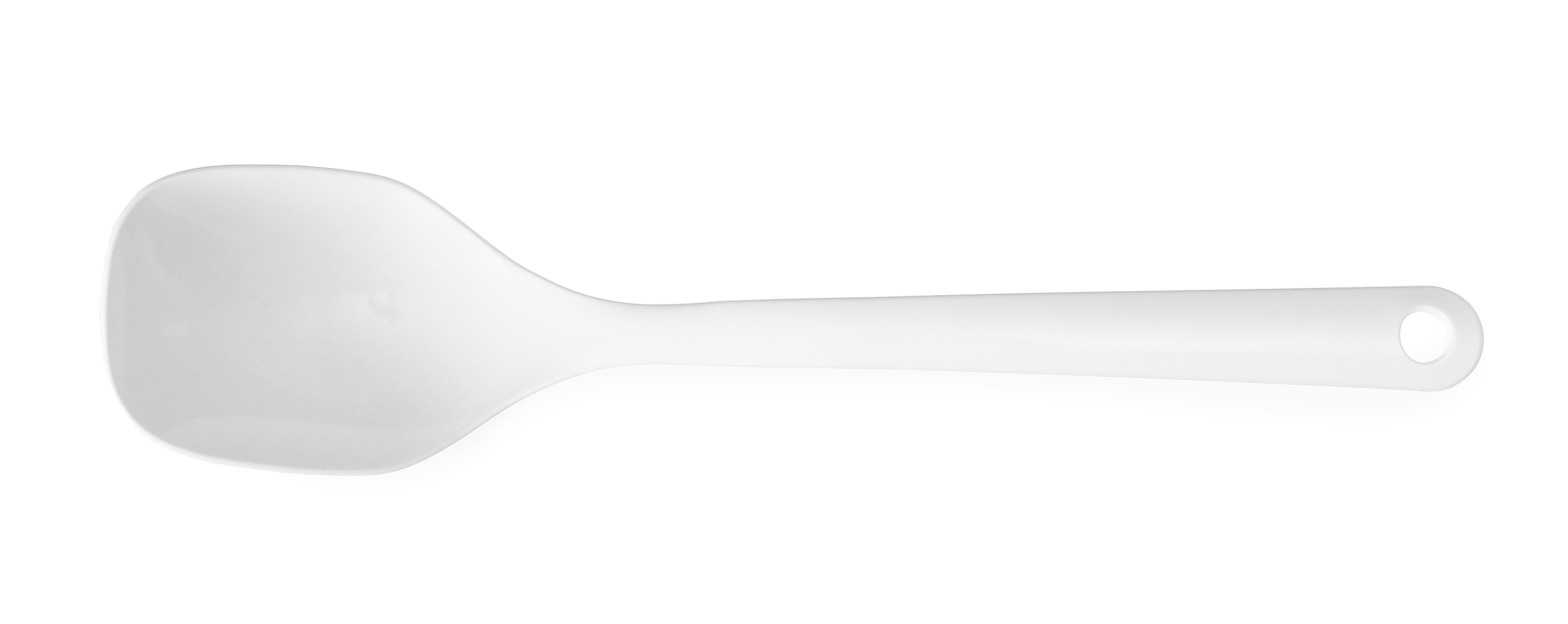 Un cucchiaio da portata in plastica bianca su sfondo bianco.