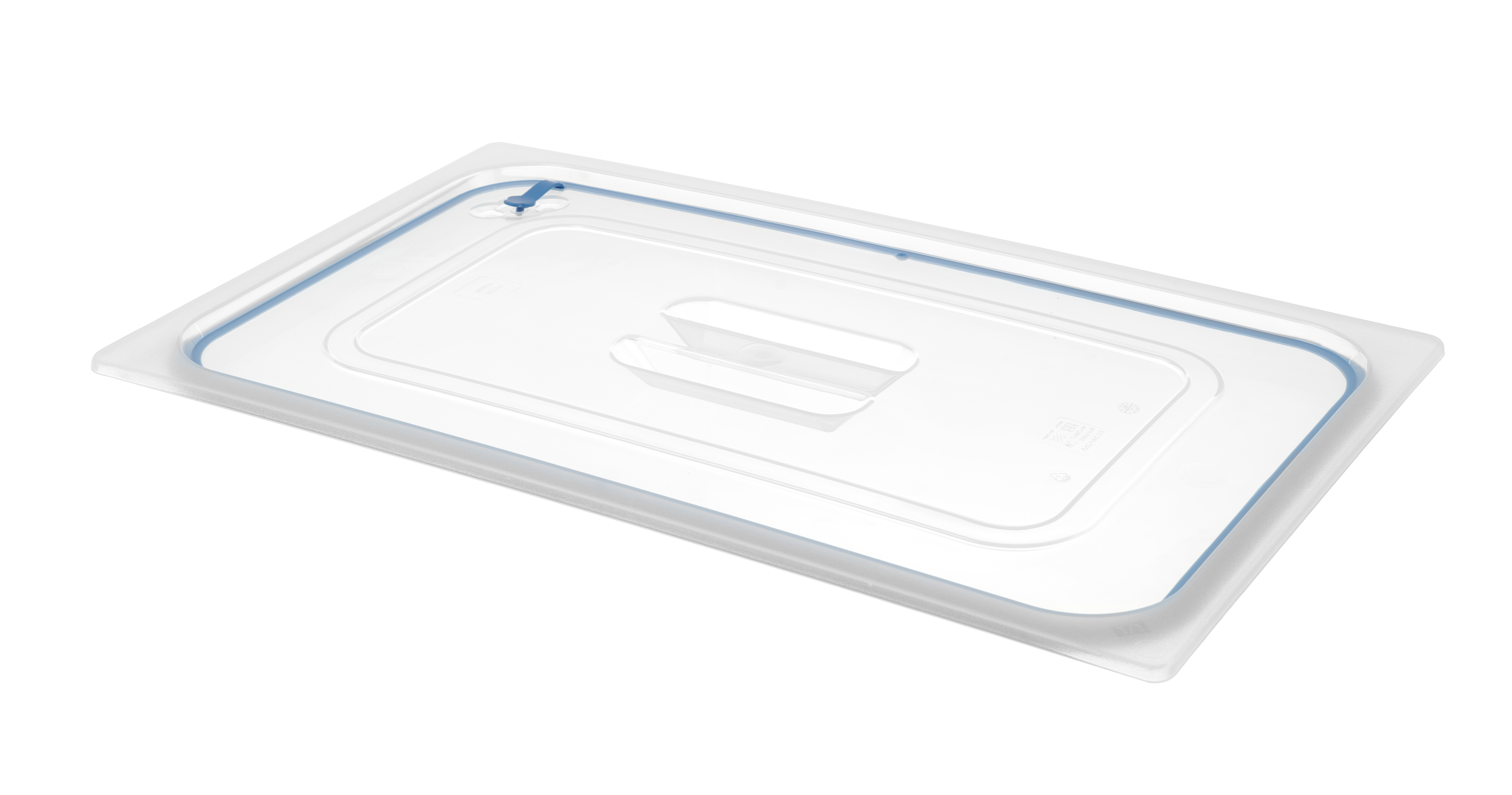 Un coperchio rettangolare trasparente per contenitori alimentari, con guarnizione blu, su sfondo bianco.