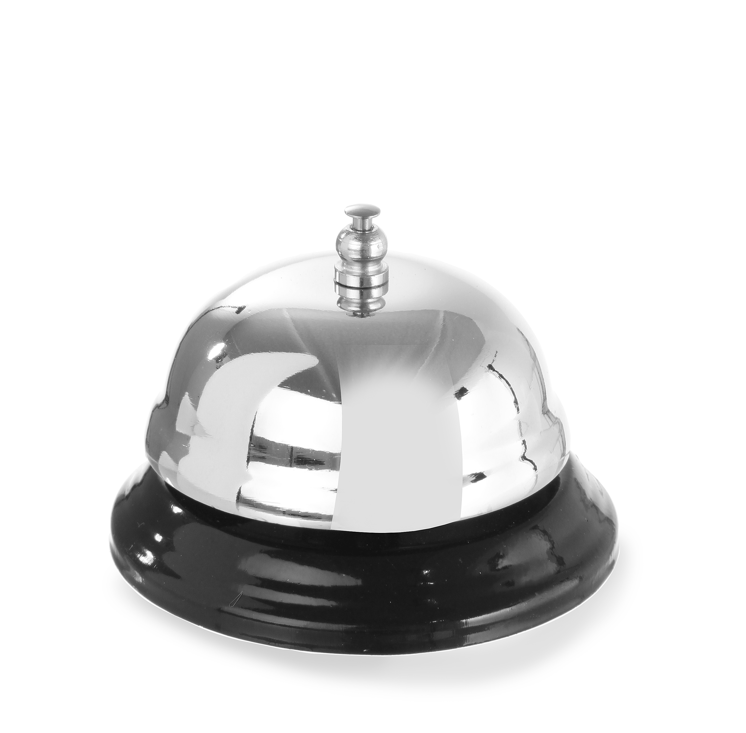 Campana d'argento con base nera. Superficie metallica lucida. Isolato su bianco.
