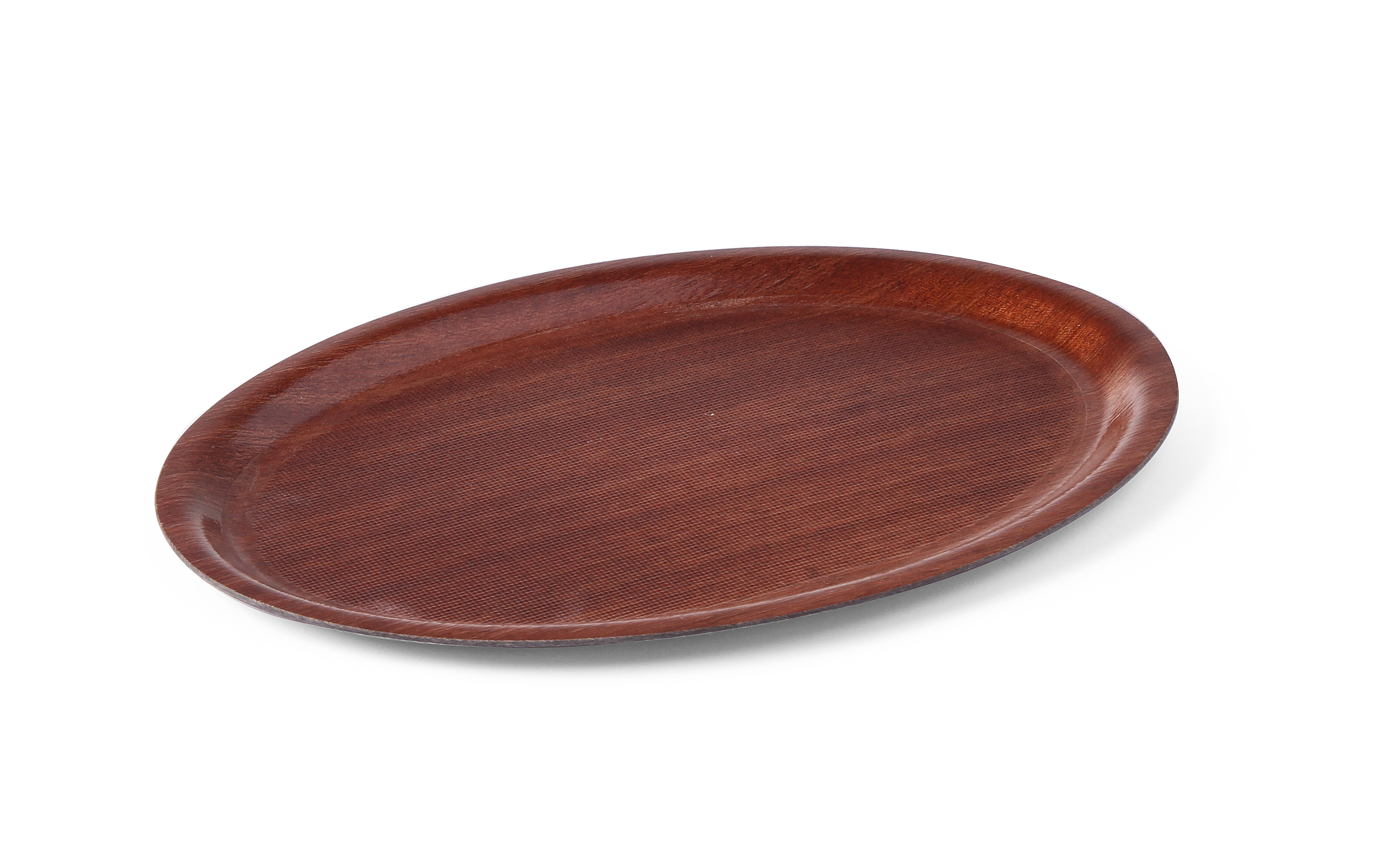 Un vassoio ovale in stile legno. Ha una superficie marrone con venature.