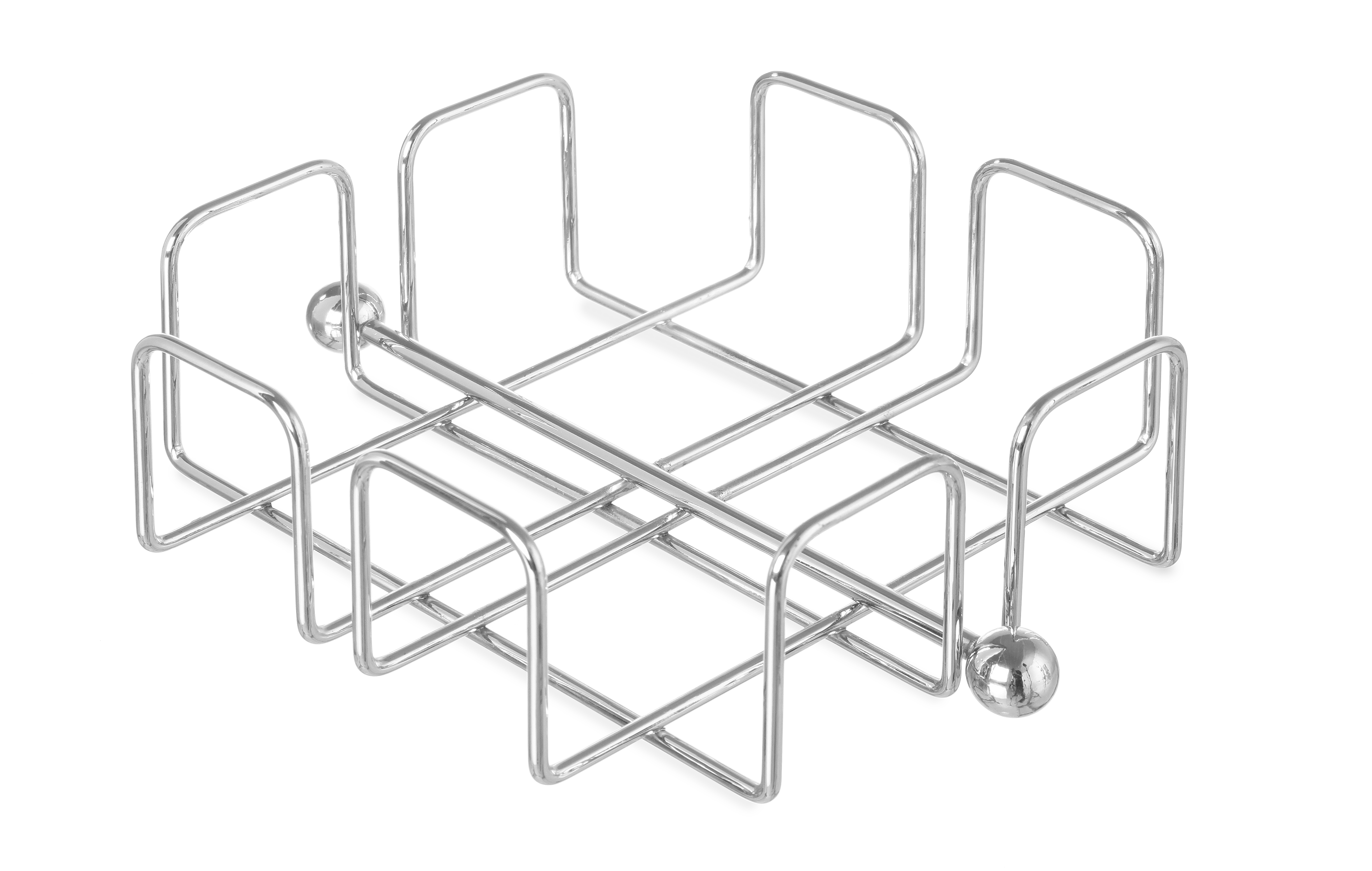 Porta tovaglioli in filo d'argento su sfondo bianco. Ha un design quadrato con angoli arrotondati.