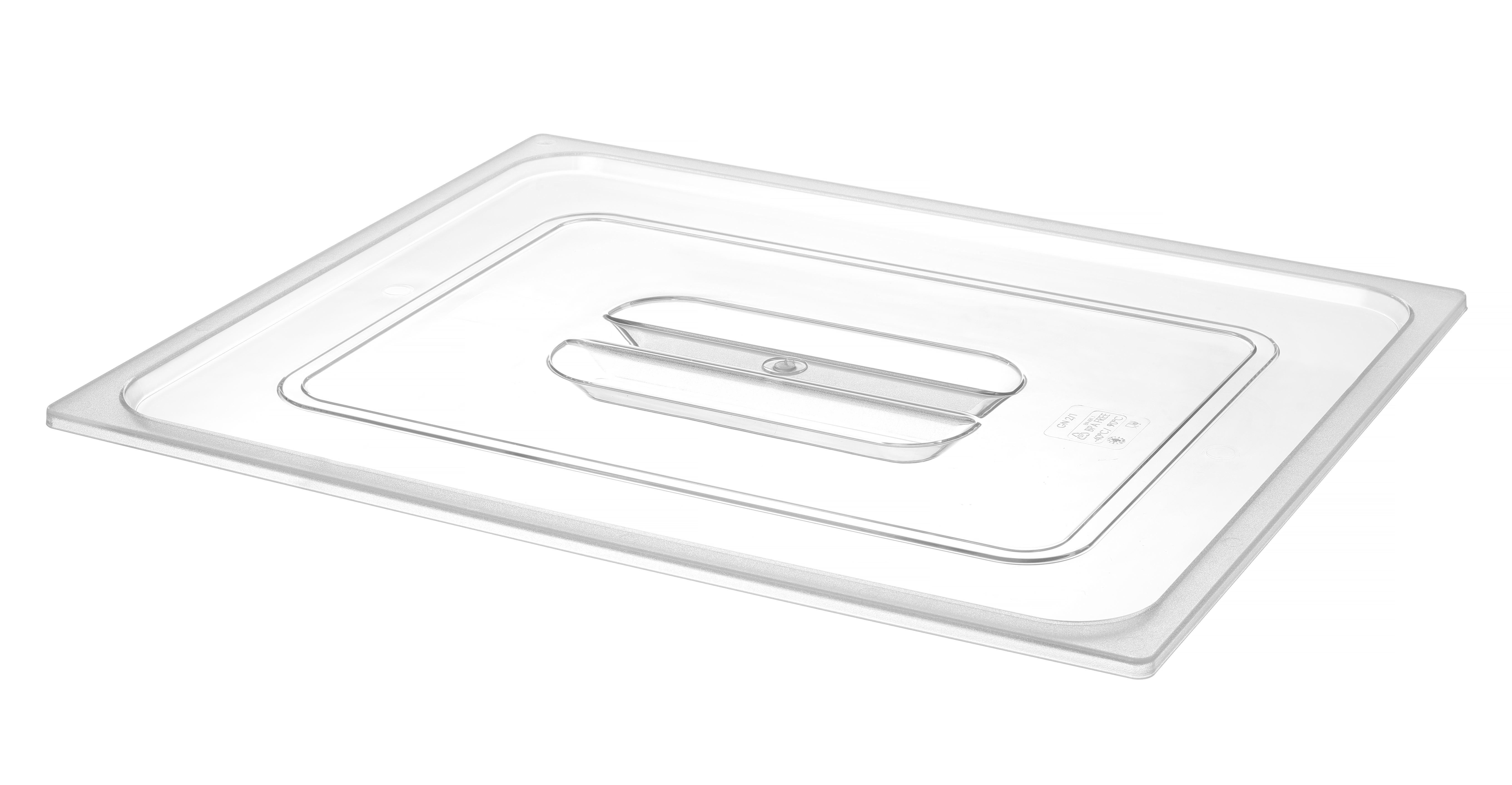 Coperchio rettangolare trasparente per contenitore alimentare su sfondo bianco, fessure per maniglie.