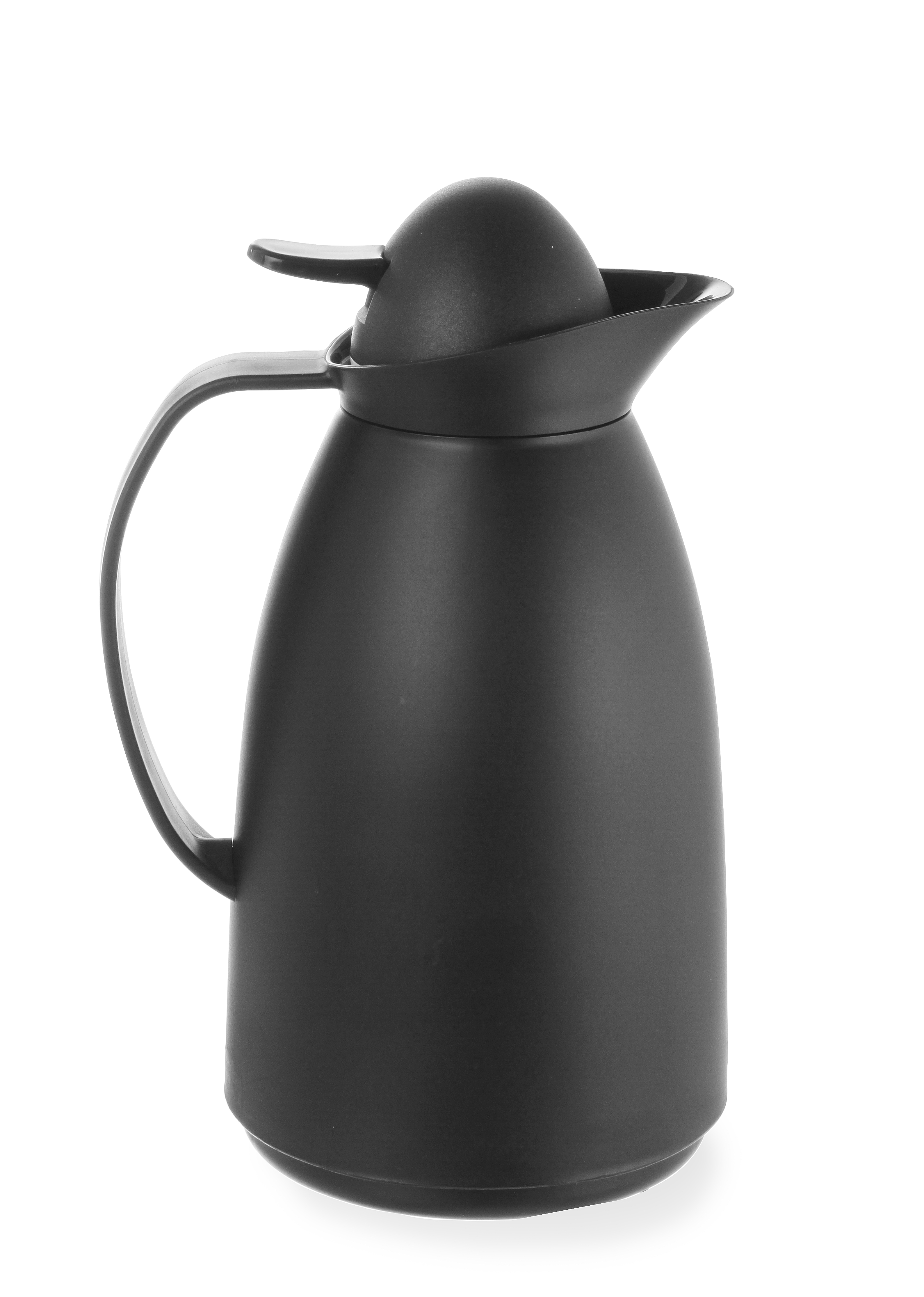 Caraffa termica nera su sfondo bianco, con manico, coperchio e beccuccio.
