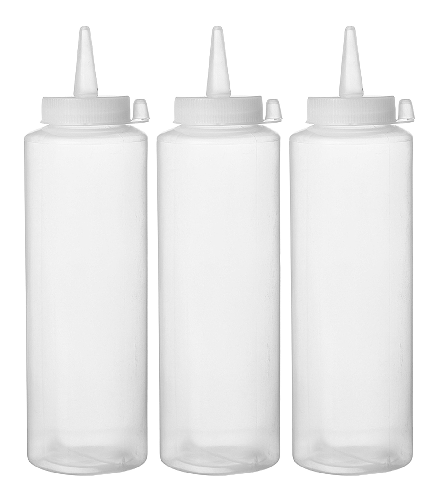 Tre bottiglie squeeze in plastica trasparente con tappi bianchi su sfondo bianco.