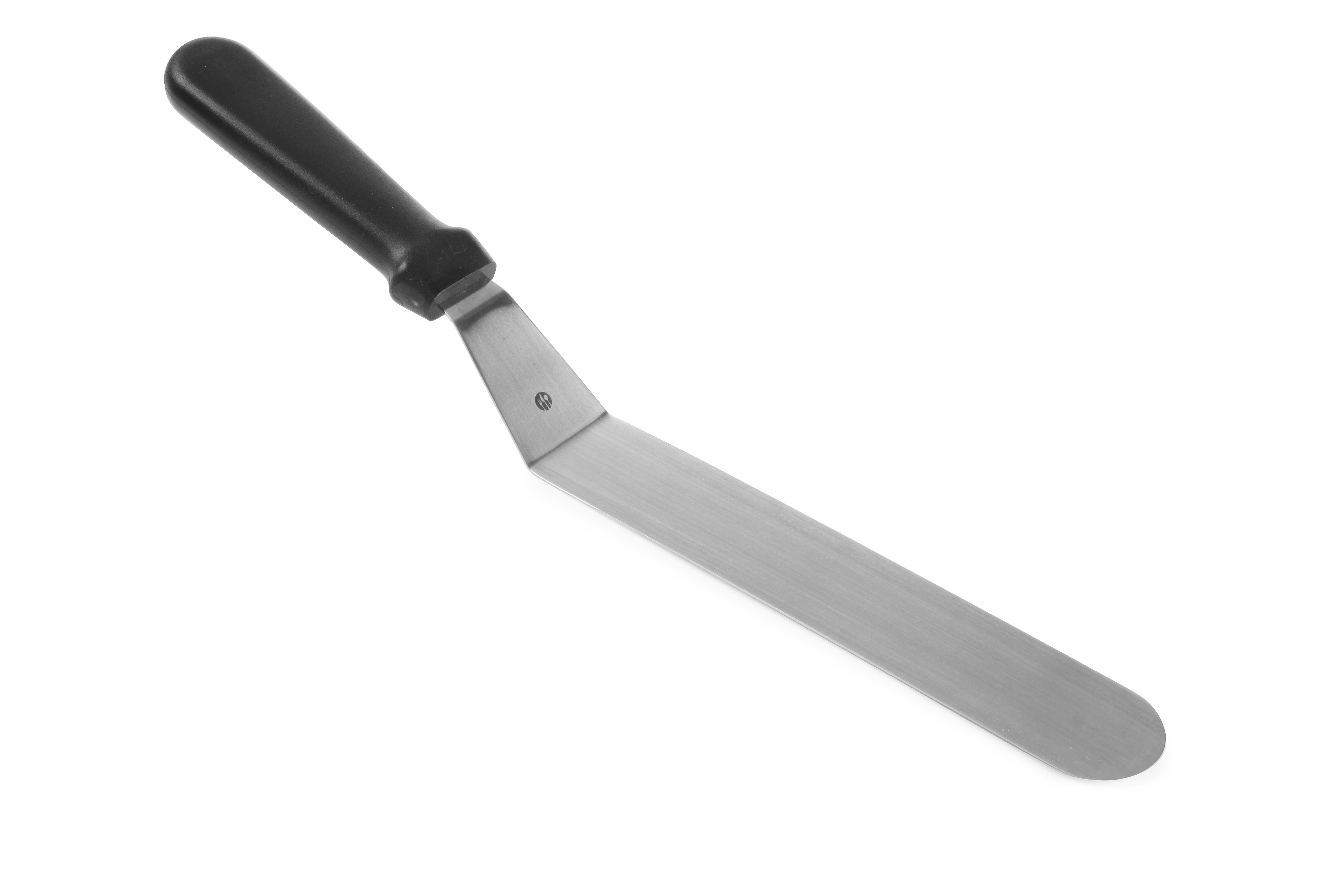 Spatola con manico nero e lama argentata, su sfondo bianco.