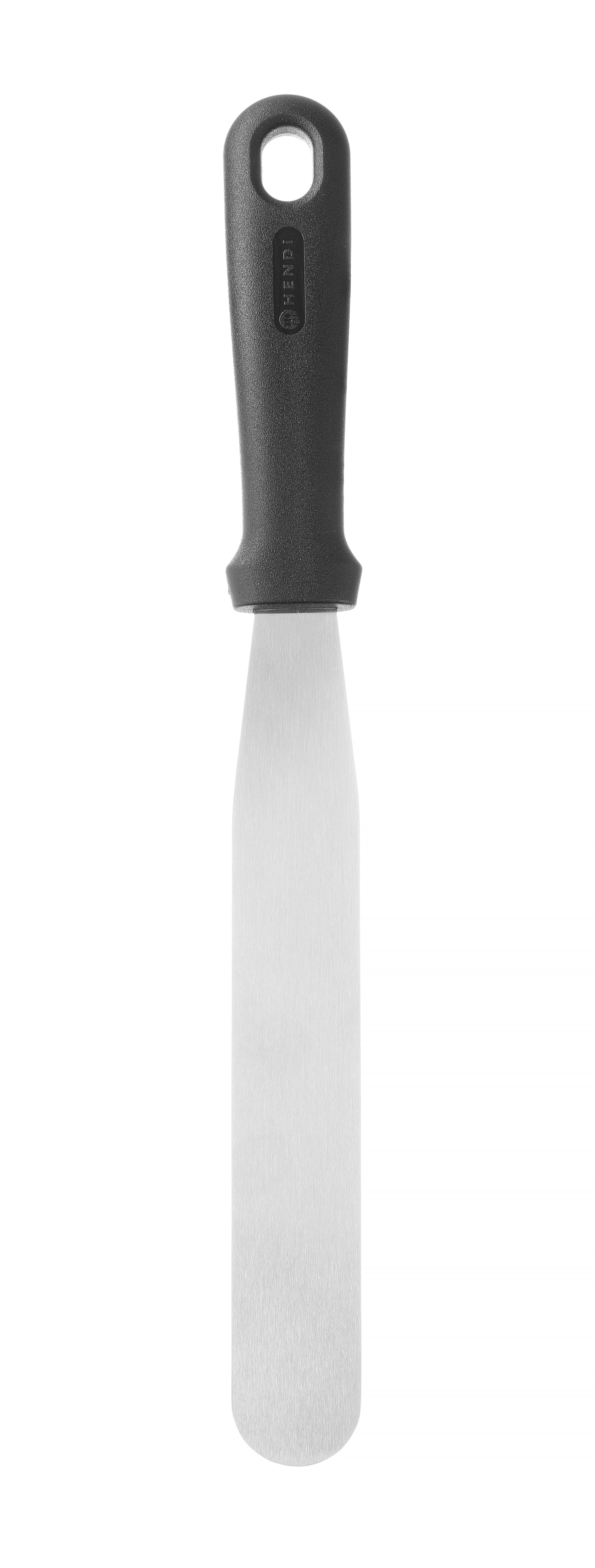 Spatola con manico nero e lama argentata. Isolato su sfondo bianco.