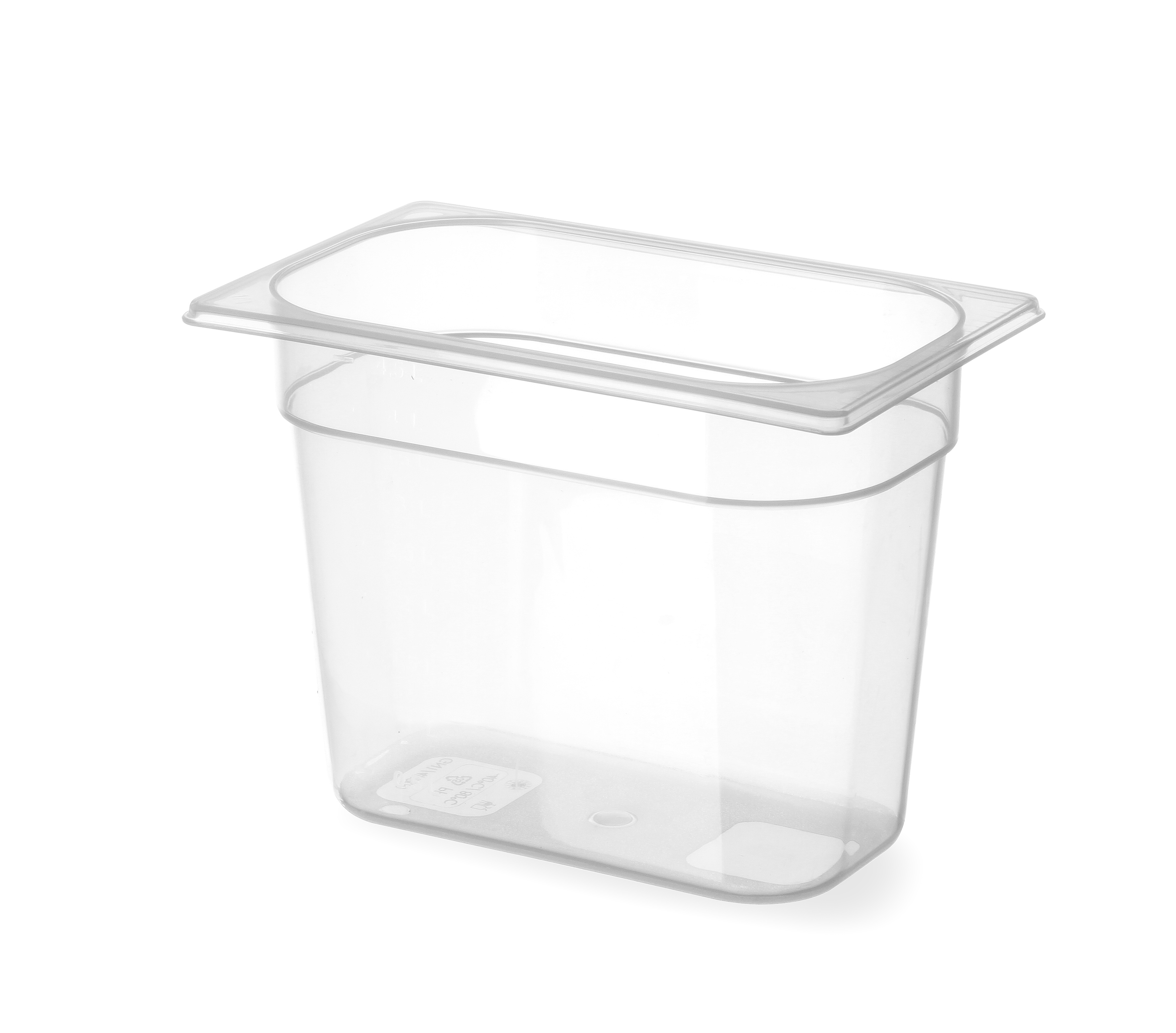 Contenitore di plastica trasparente con coperchio. Forma rettangolare. Sfondo bianco.