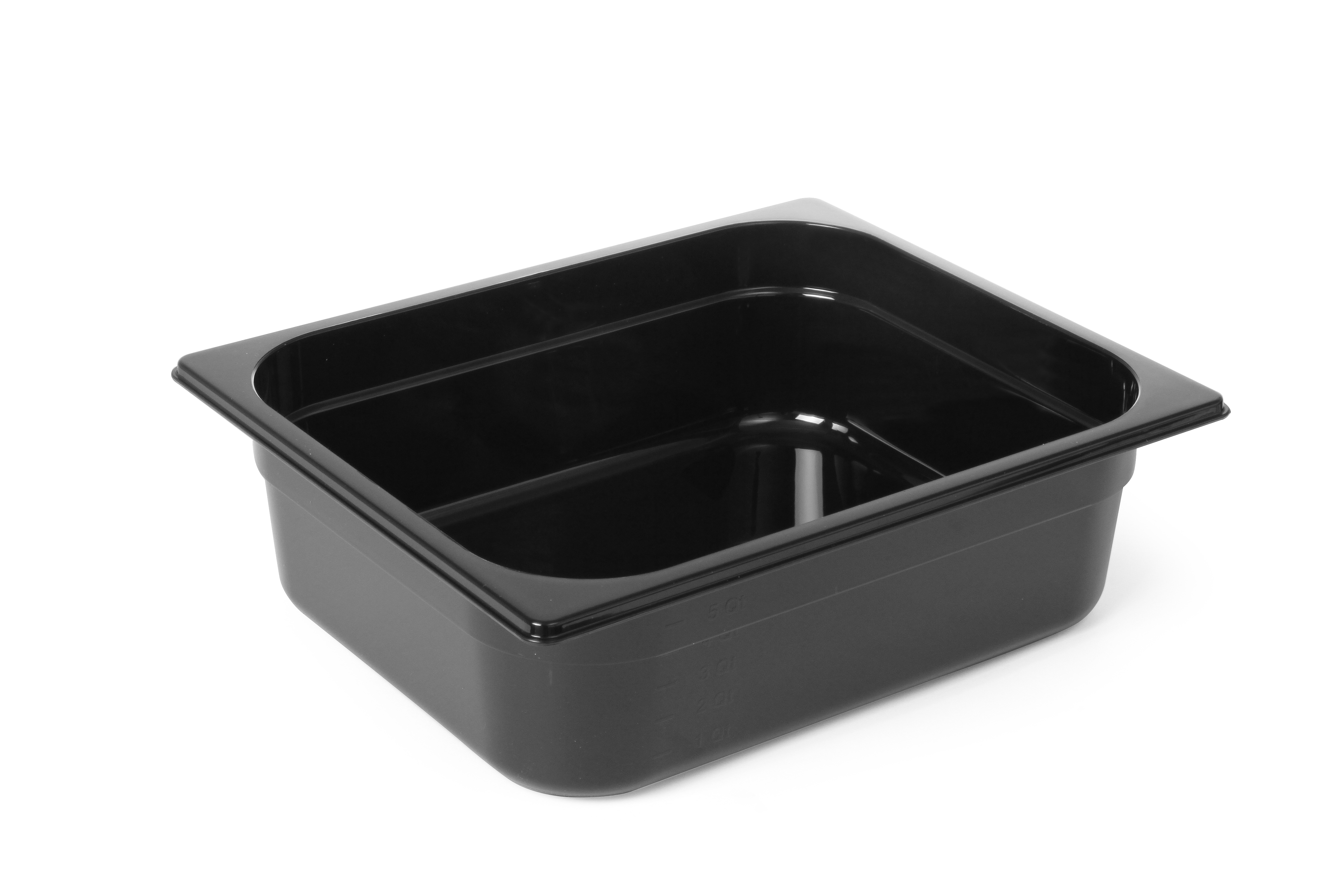 Contenitore rettangolare nero. Materiale plastico. Sfondo bianco.