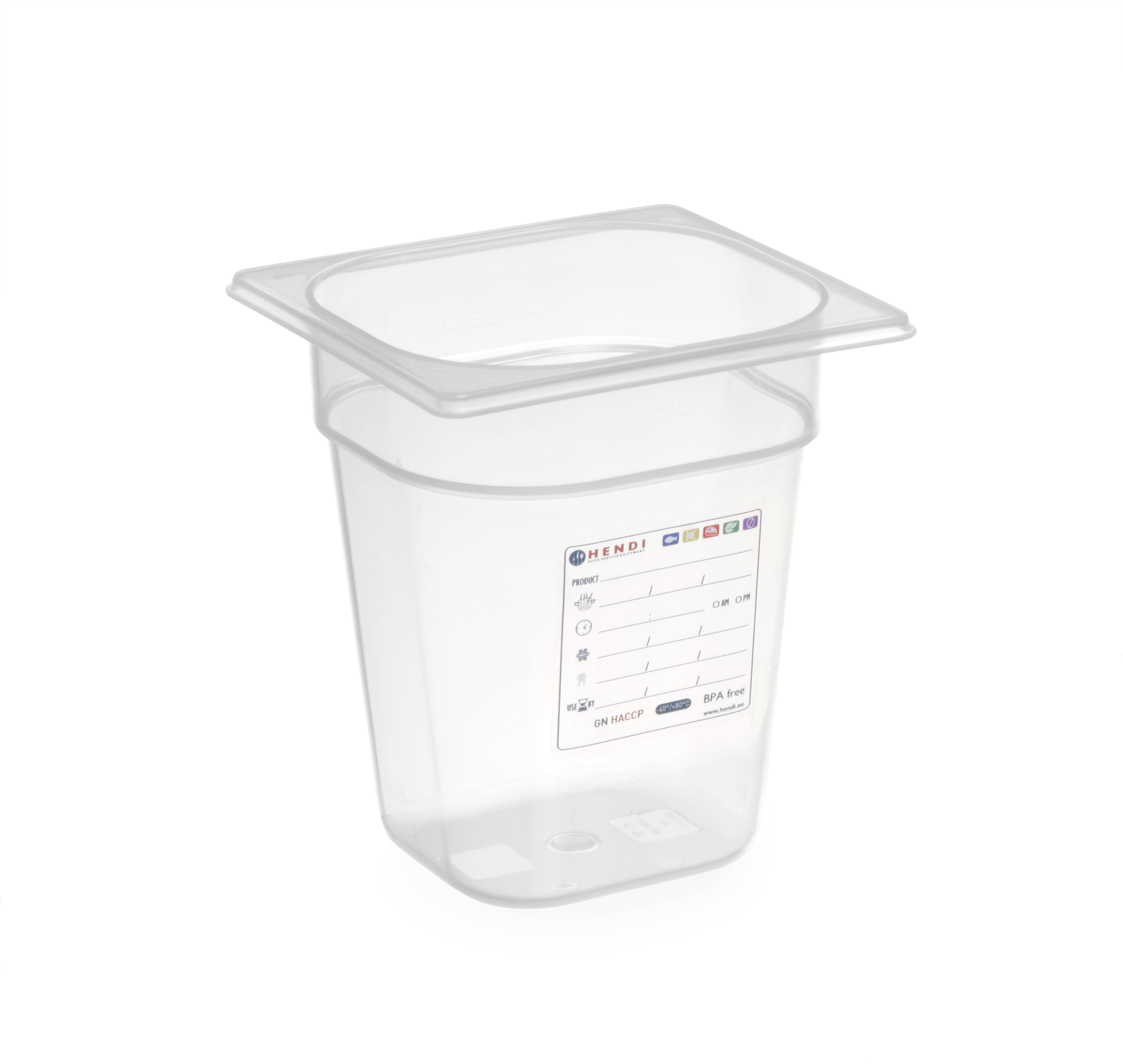 Contenitore in plastica trasparente con coperchio su sfondo bianco.