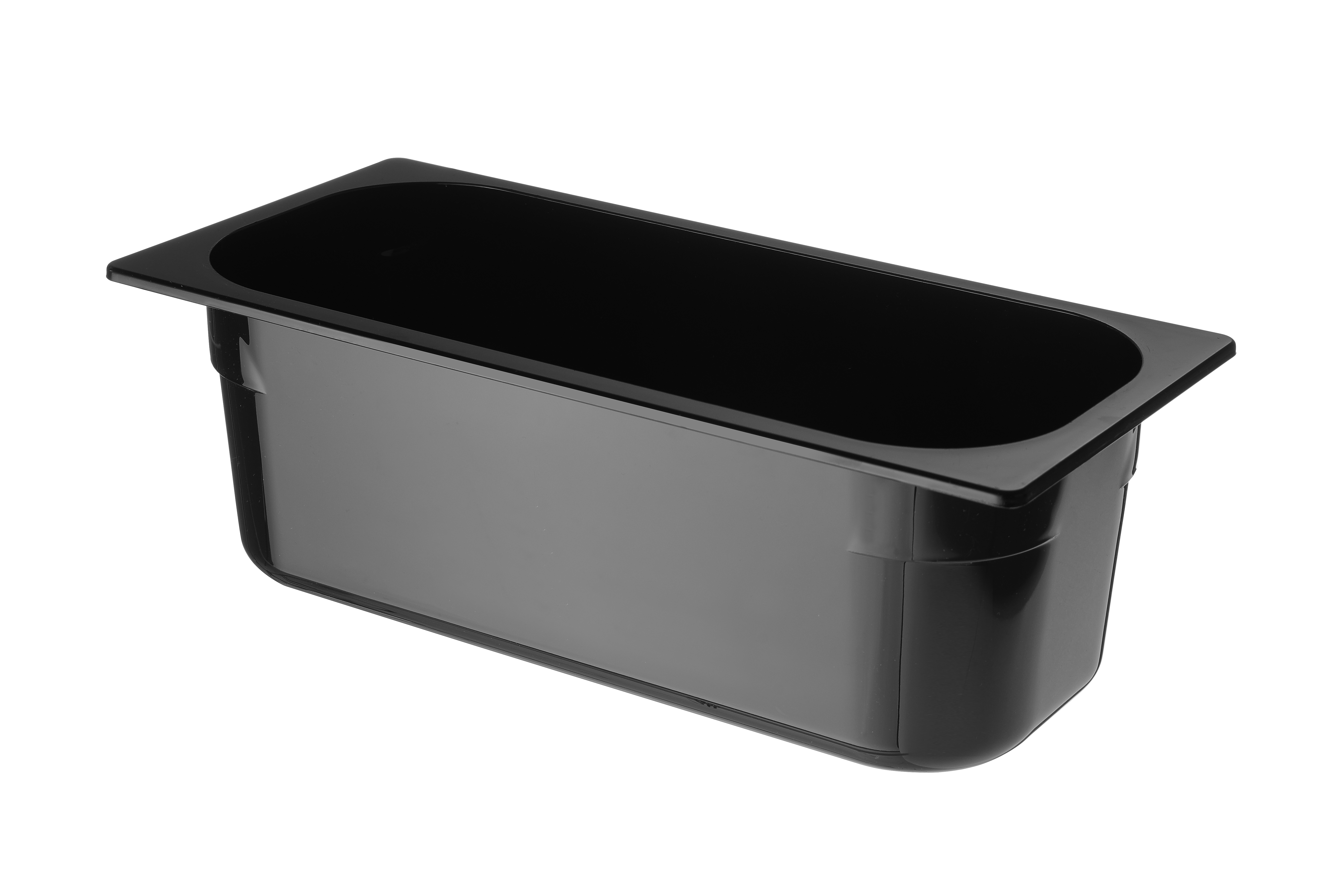 Contenitore alimentare rettangolare nero con coperchio nero, isolato su bianco.
