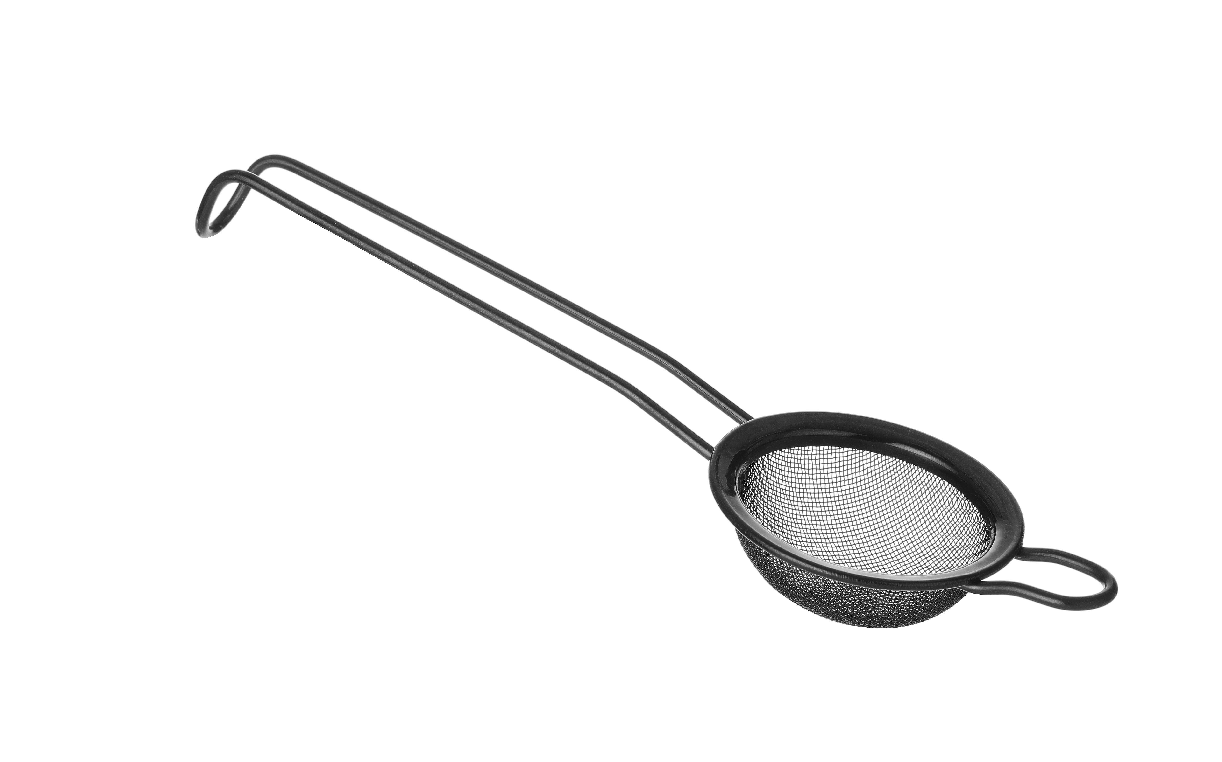 Colino a rete nero con manico. Piccola forma circolare. Sfondo bianco.