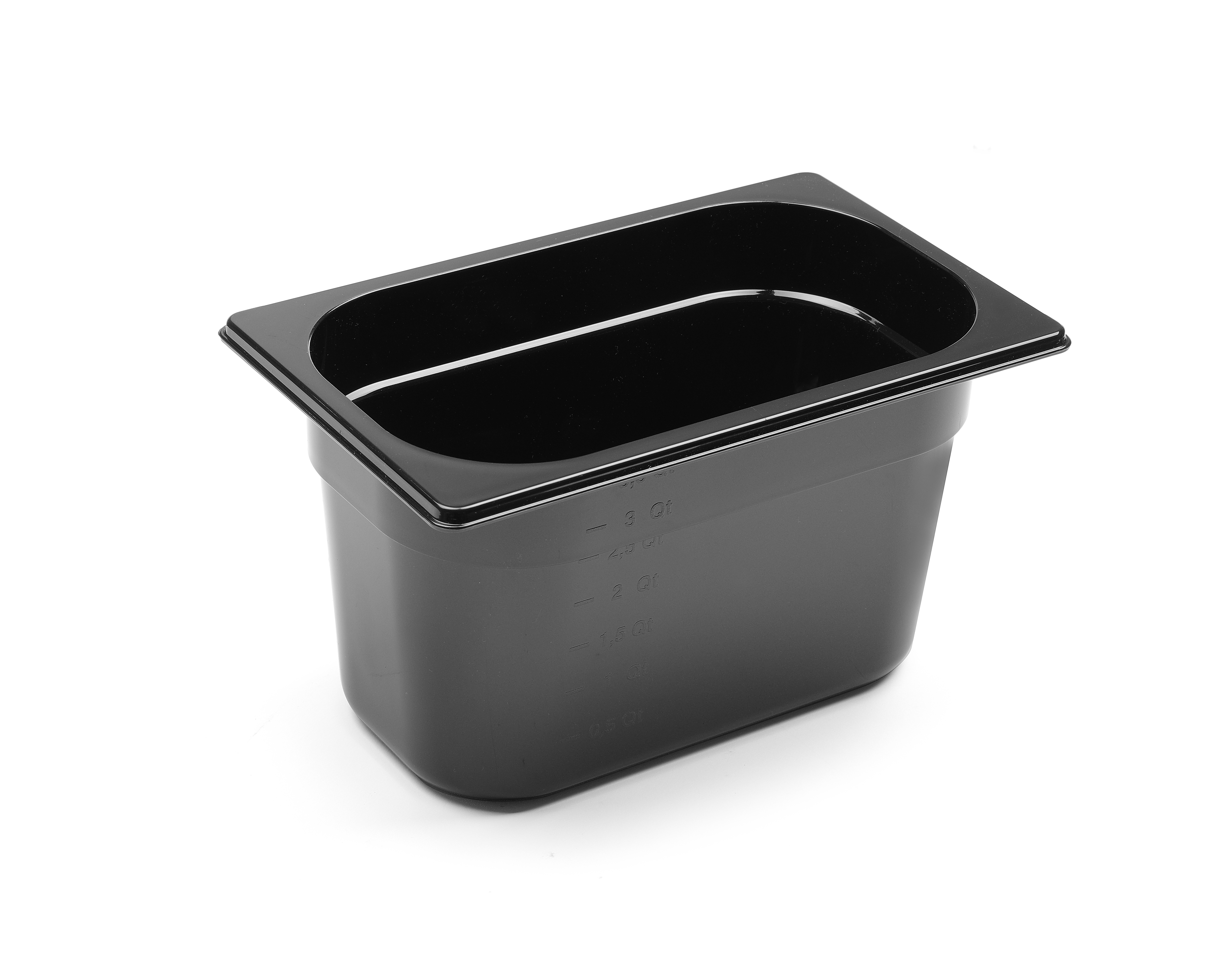Contenitore alimentare rettangolare nero con segni di misurazione, su sfondo bianco.