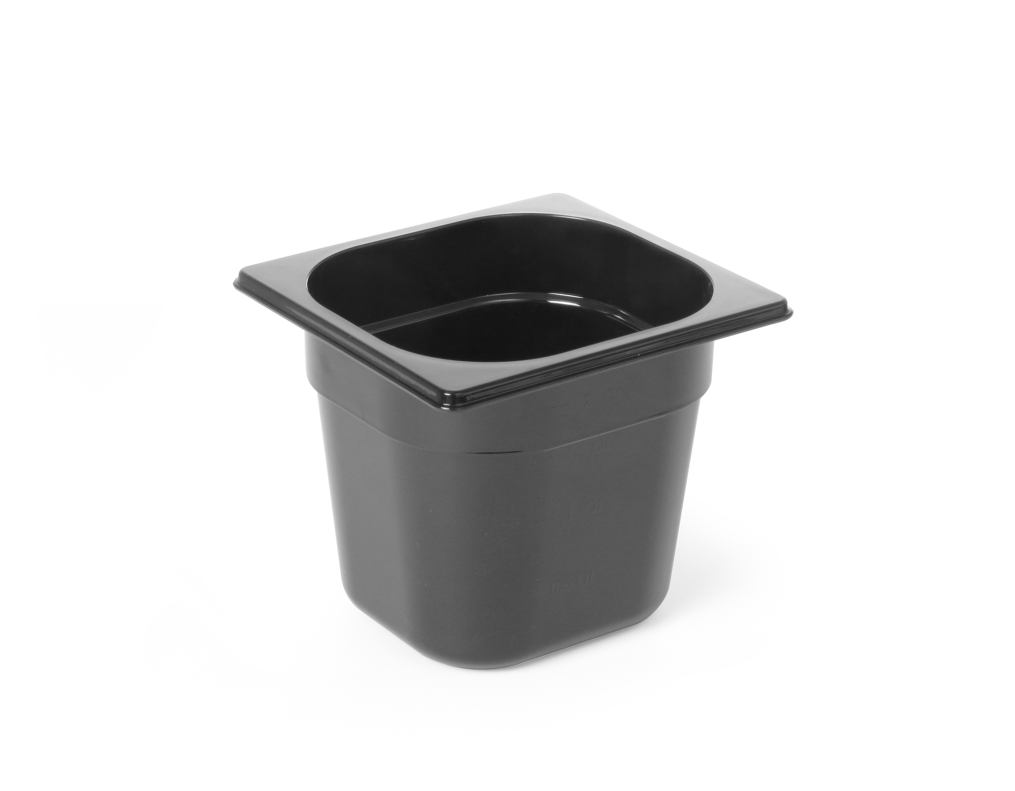 Contenitore quadrato nero con bordo. Il contenitore è vuoto e su sfondo bianco.