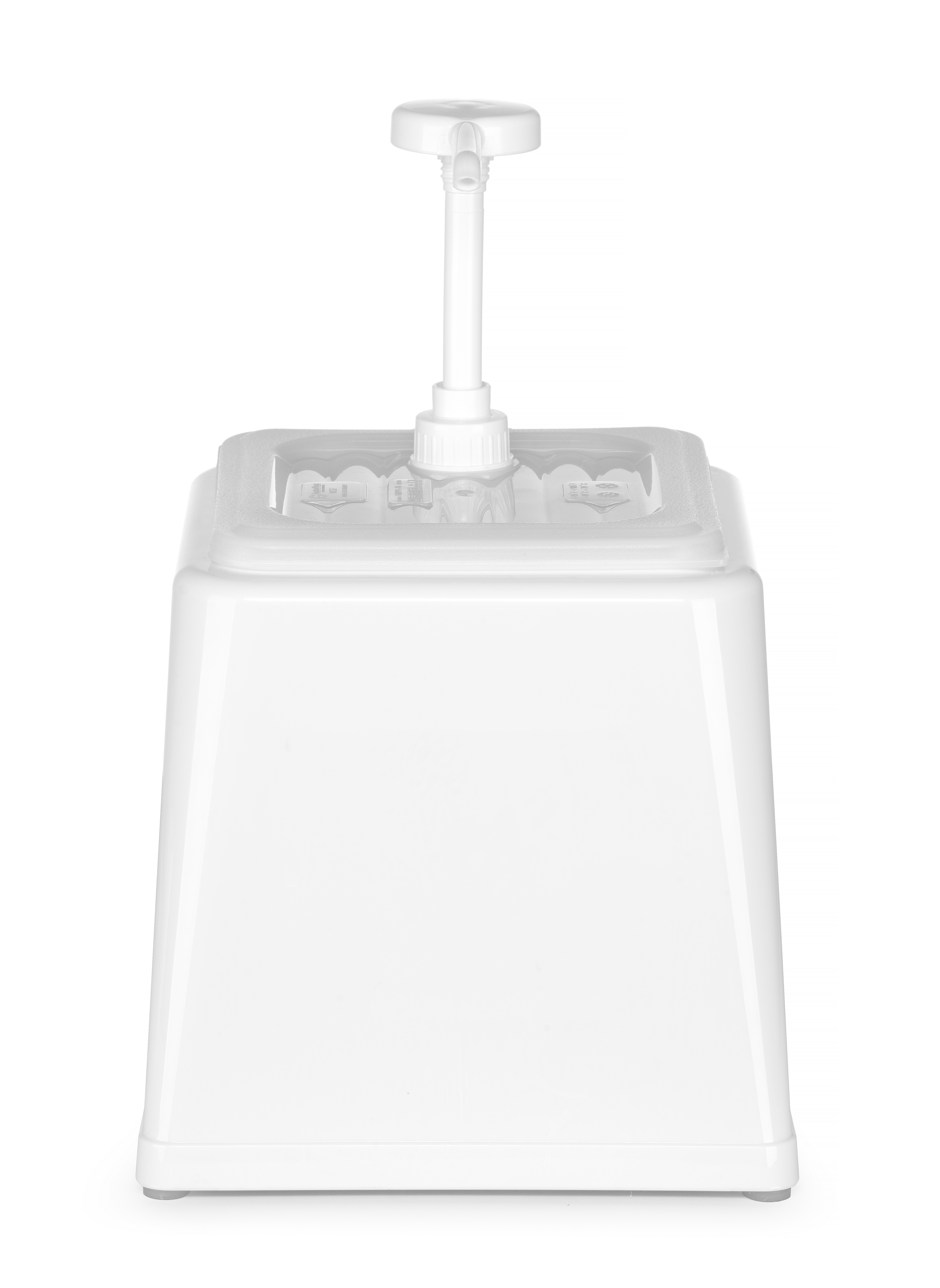 Un dispenser di condimenti bianco con pompa, su sfondo bianco.