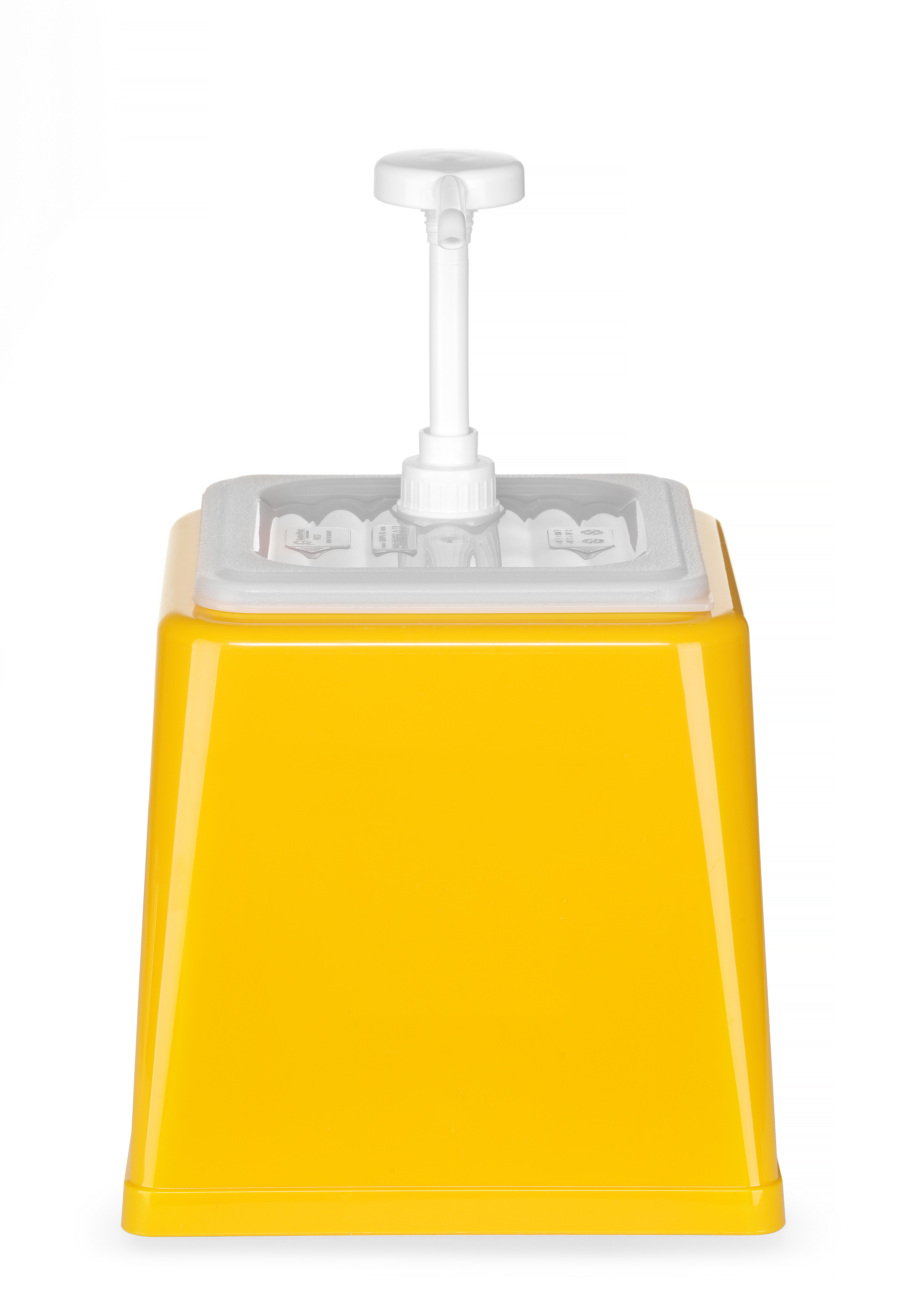 Dispenser di condimenti giallo con pompa su sfondo bianco.