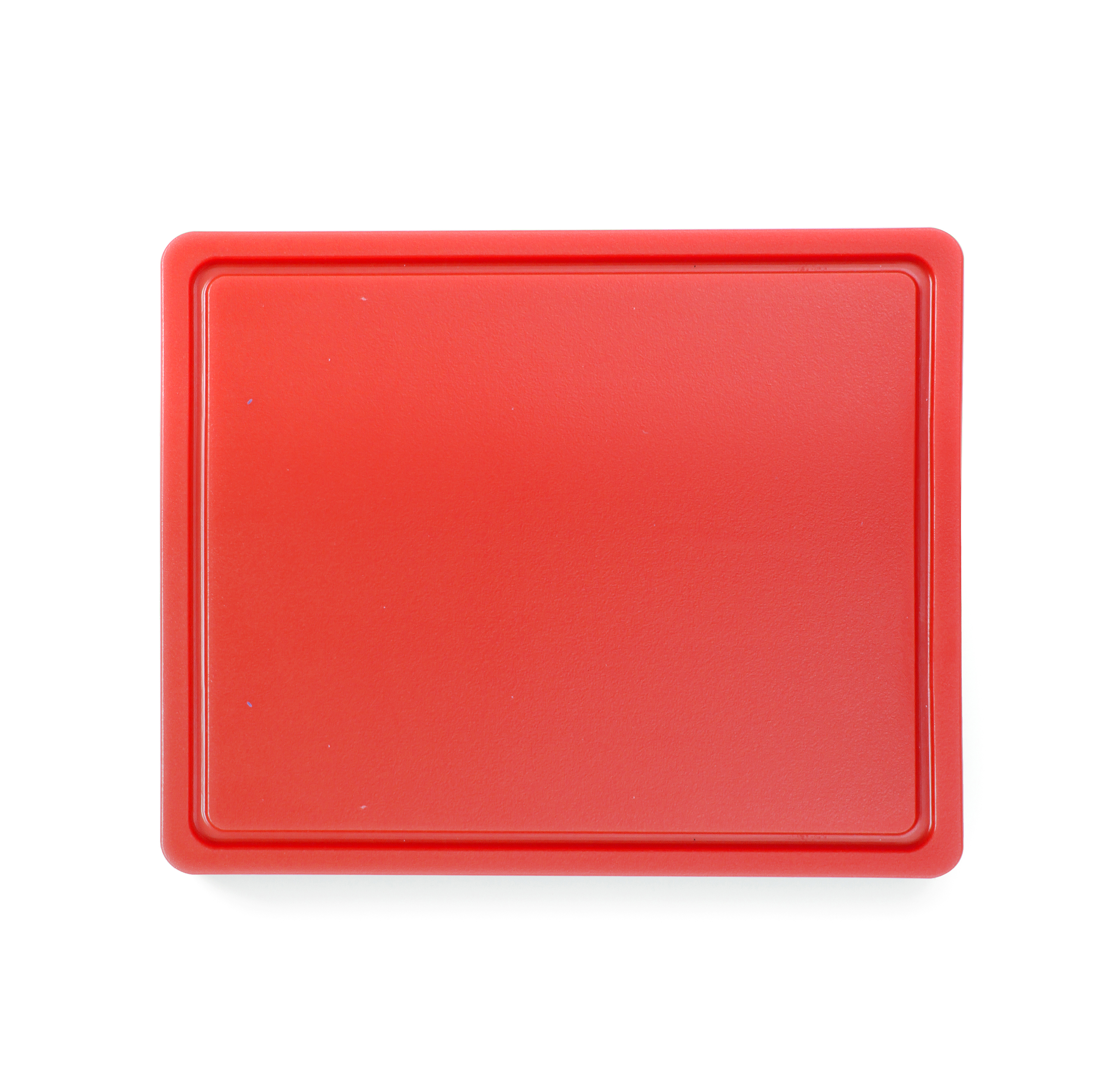 Tagliere rettangolare rosso con bordo rialzato, isolato su bianco.