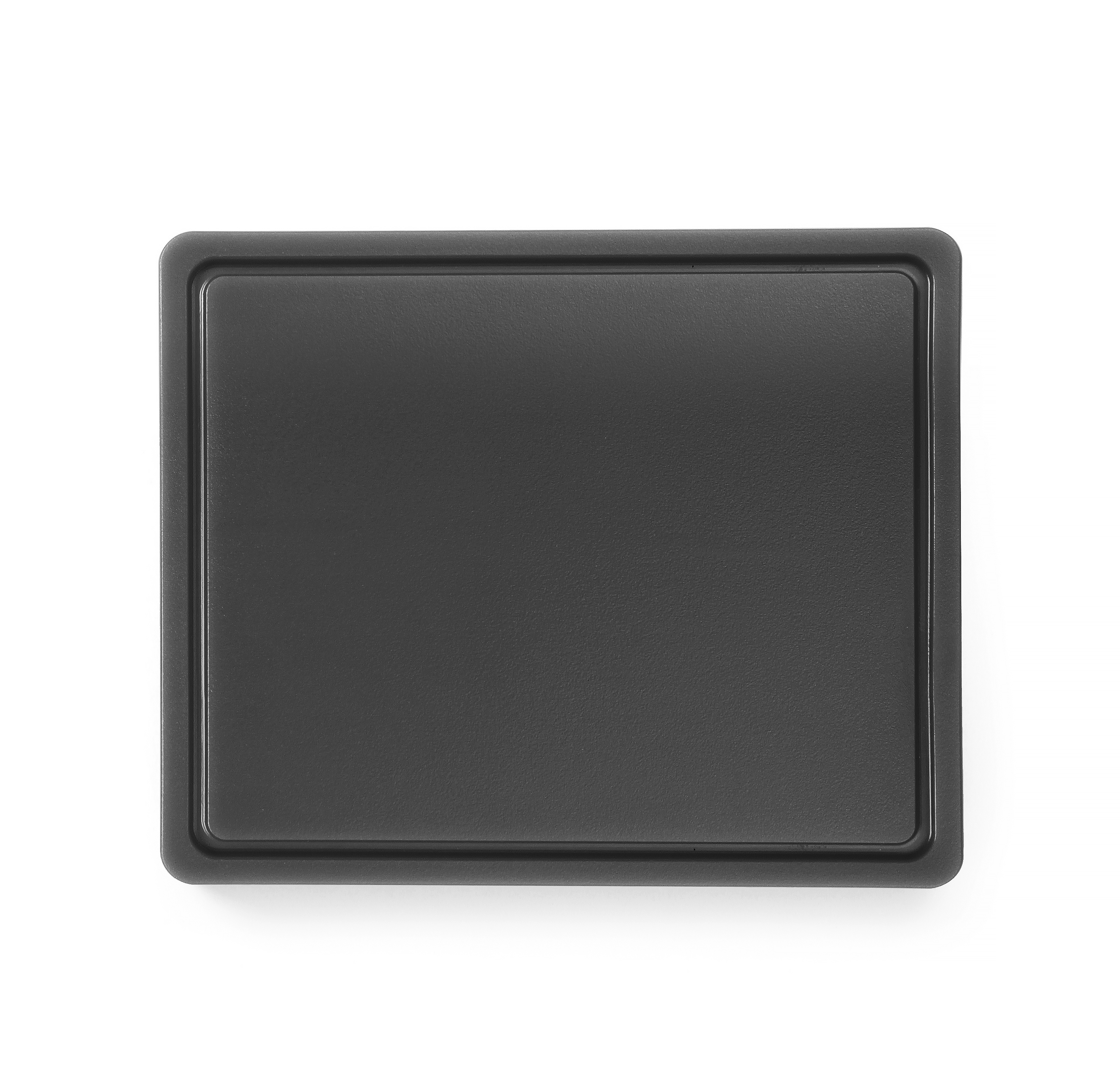 Coperchio nero, quadrato. È piatto. Il coperchio è su sfondo bianco.