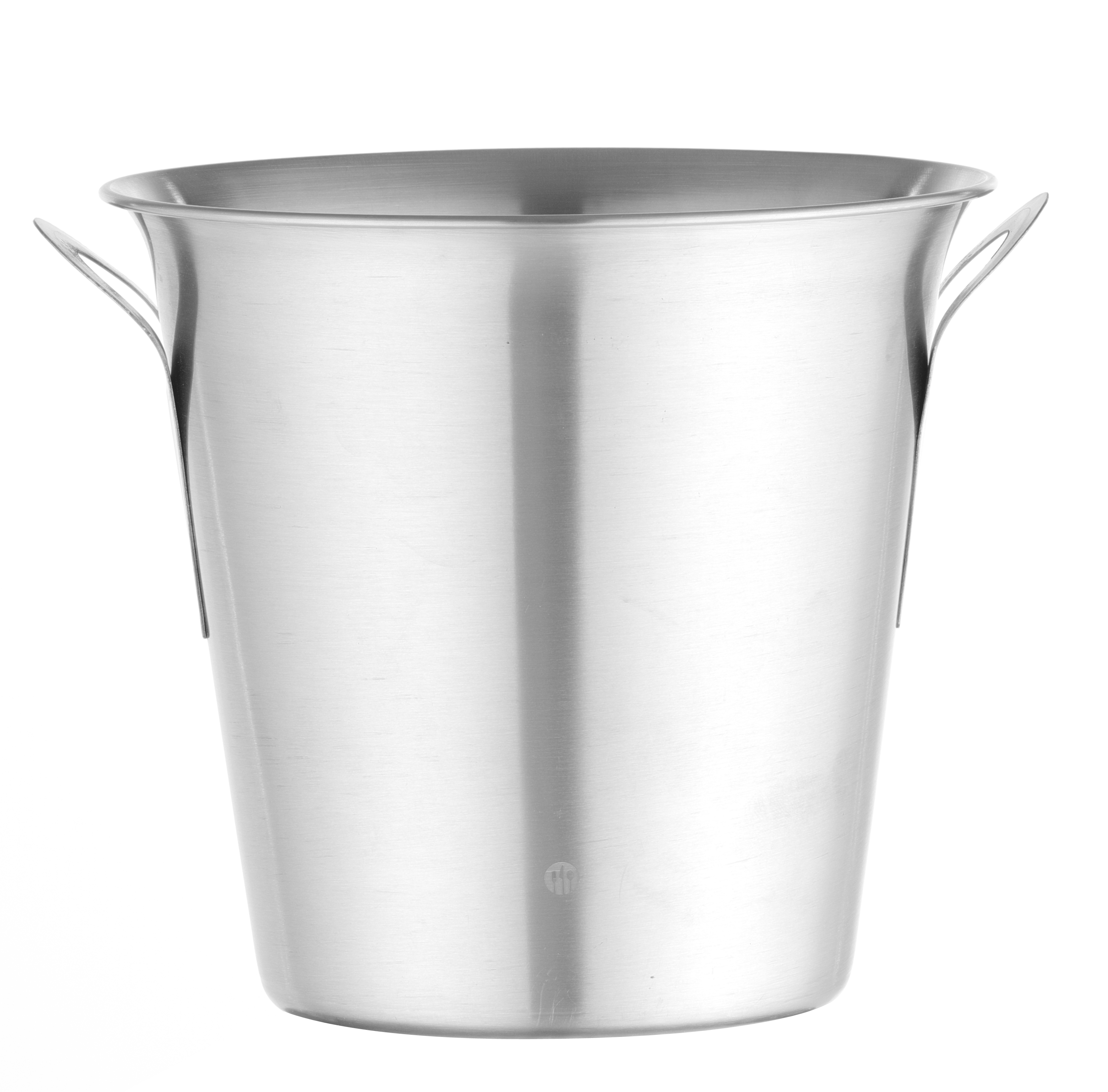 Un secchiello per il ghiaccio in acciaio inox con due manici, su sfondo bianco.