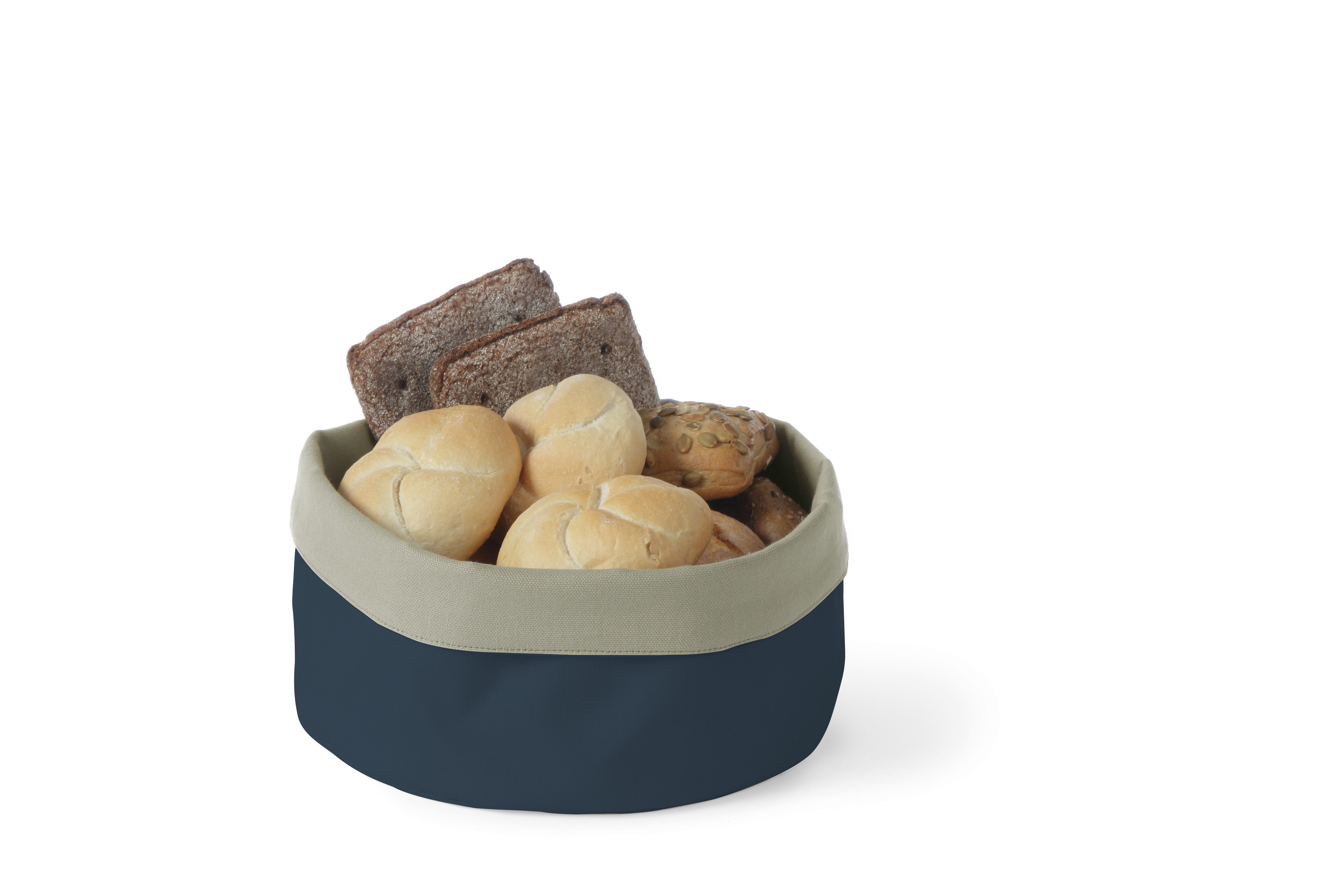 Cesto con panini e fette di pane, blu scuro e beige.