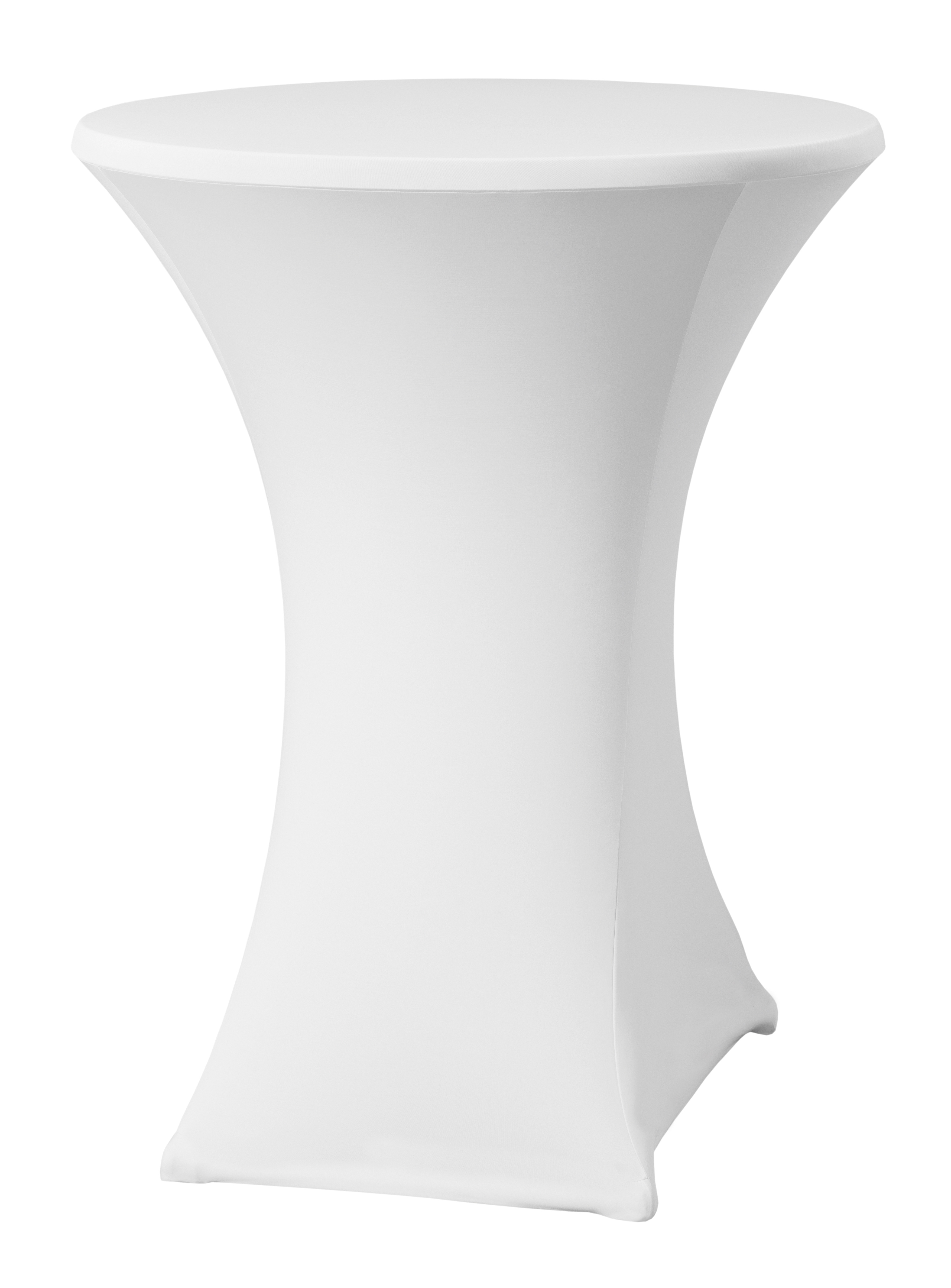 Tavolo da cocktail alto bianco con piano rotondo su sfondo bianco.